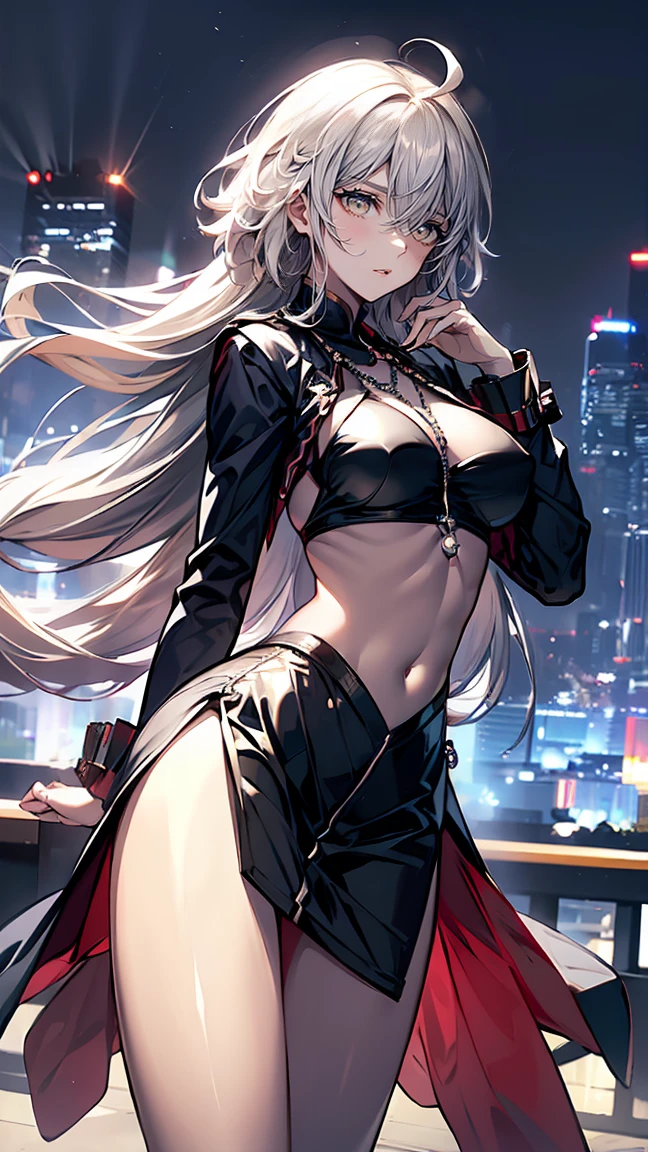 woman、Early 20s、Wicked Smile、Blonde、Long Hair、Green Eyes、Red lens sunglasses、Face close-up、sexy、sexyなポーズ、Black tube top、Bright red long coat、R-18、City of night
