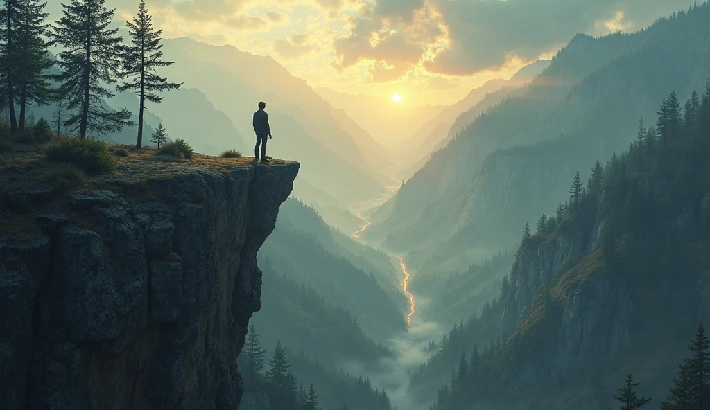 Prompt Part 4: Personal transformation and bold action

Description: A person standing at the edge of a cliff, looking out at a vast landscape ahead, symbolizing a bold action. The landscape should be full of opportunities, showing a path through a dense forest or up a mountain, with light guiding the person forward. The person is taking a confident step forward, embodying courage, overcoming fears, and embracing growth. There should be a dynamic contrast between the dark, challenging environment and the bright, promising future ahead.