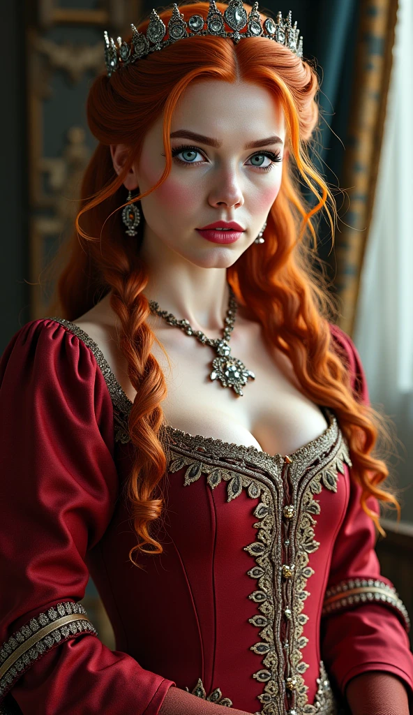 ultra realistic, photography, long red hair, girl, 24 years old, hourglass figure, perfect body, Flirty look, extremely detailed artgerm, in the style artgerm, facing the camera, lens 35 mm, blur background, at a medieval costume party, wearing a renaissance outfit