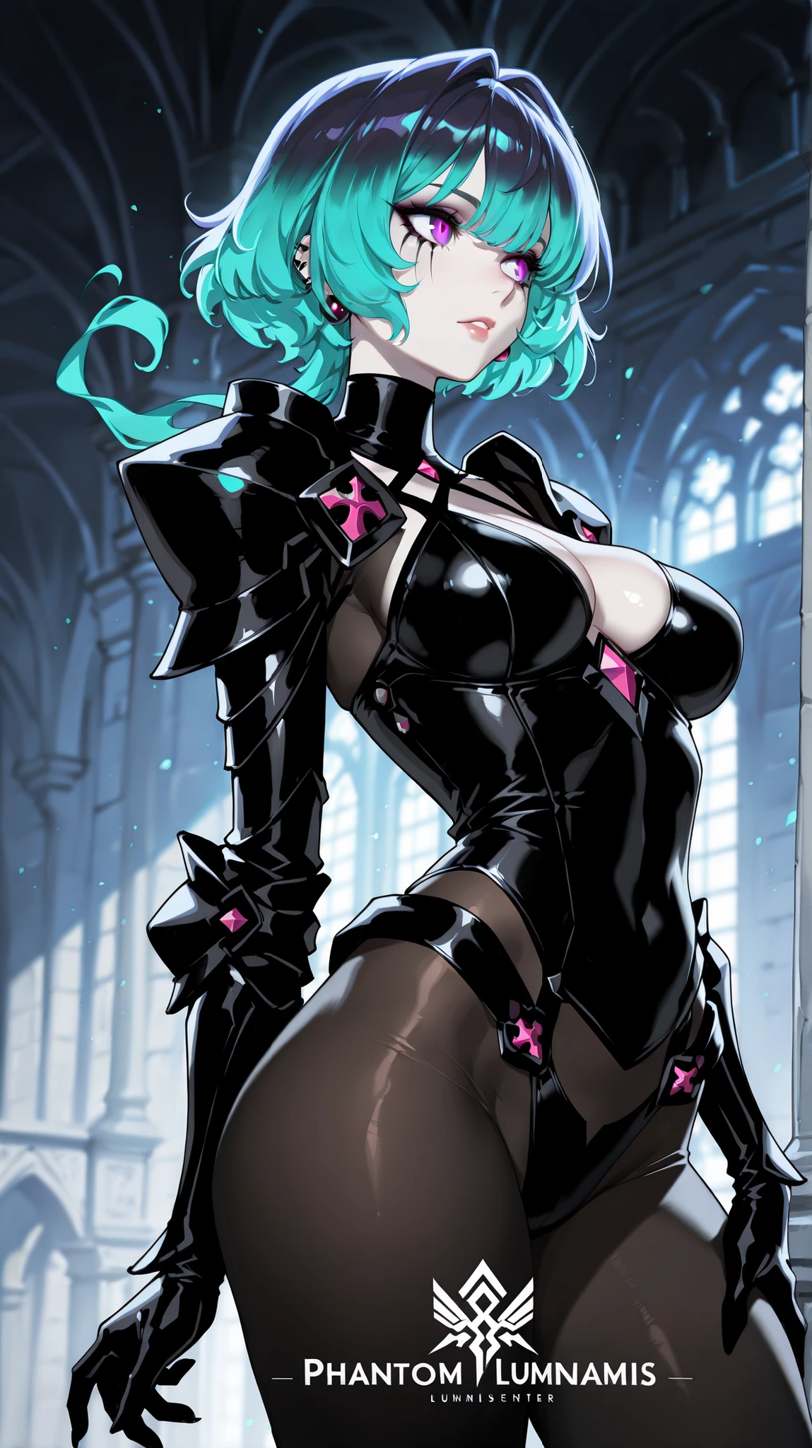 A pink haired female reaper with violet eyes and an hourglass figure in a leather dress is exploring a mauseleum with a curious smile