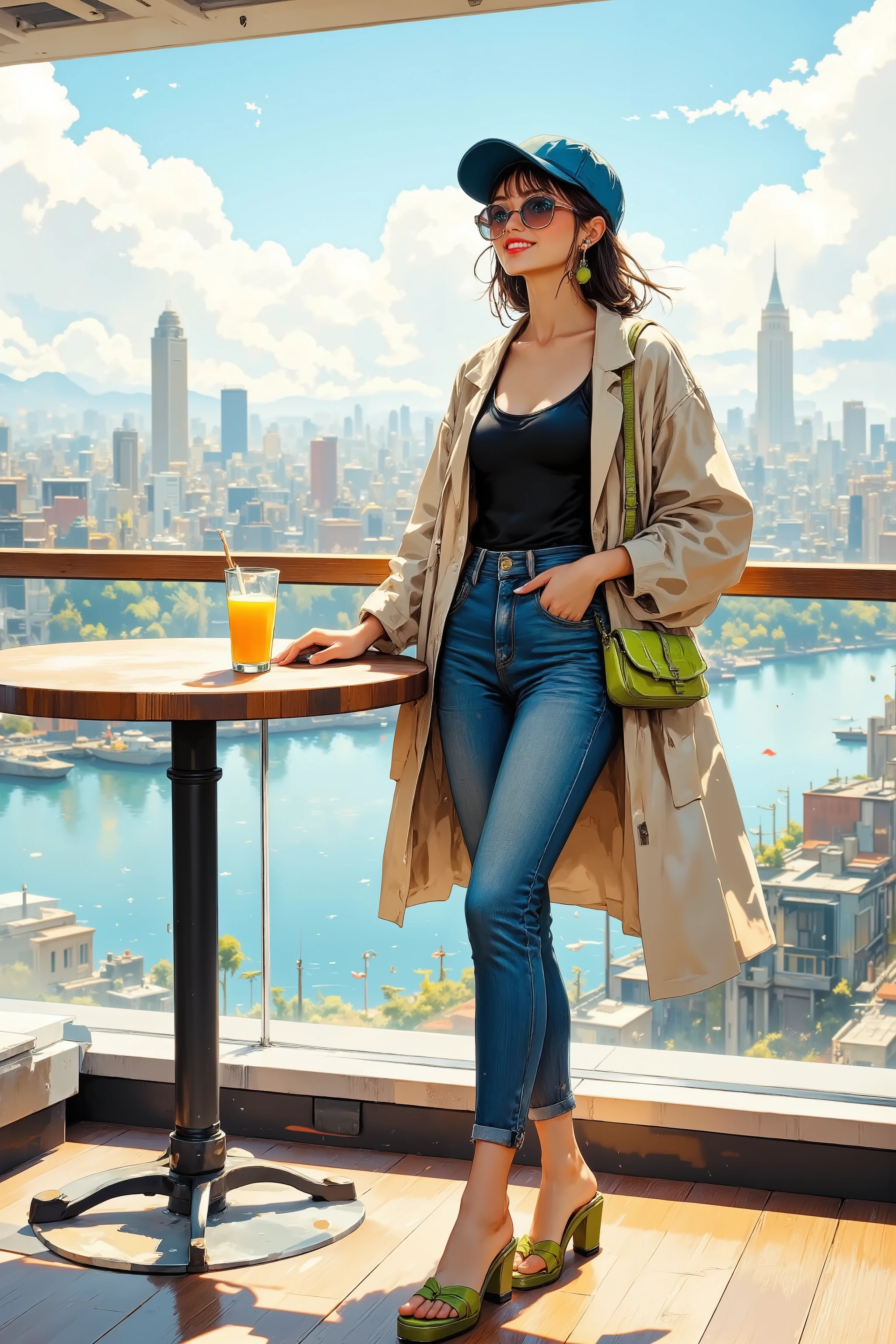 a fashionable woman standing on a rooftop terrace on a sunny day, holding a glass of orange juice and laughing. She wears a light beige blazer draped over her shoulders, a black sleeveless top, and high-waisted blue jeans. She accessorizes with a blue baseball cap, round sunglasses, lime green sandals, and carries a small braided lime green handbag. She leans casually against a tall round wooden table with a metal stand. Behind her, a glass railing reveals a calm waterfront and hazy city skyline in the background. The lighting is bright and natural, capturing a cheerful, carefree summer atmosphere. Photorealistic rendering, soft shadows, warm daylight tones, UHD, 16K, high detail, realistic texture and fabric, lifestyle fashion editorial aesthetic.