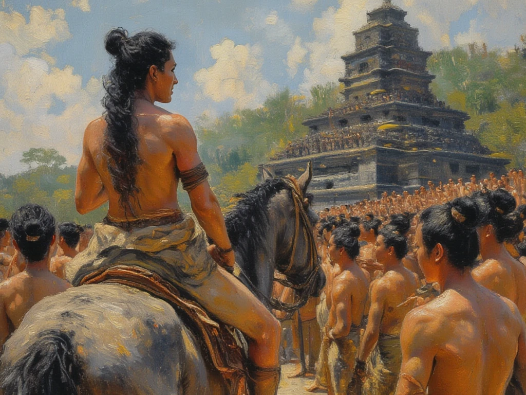 A detailed oil painting illustration, likely depicting a scene from the history or legends of the Majapahit Kingdom in Indonesia, shows a central, light-brown skinned figure with long black hair sleek neat hairbun, riding a grey horse and addressing a surrounding crowd of similarly featured people. The mounted figure, -chested but wearing a waist cloth and possibly armbands, holds the reins and appears to be gesturing or speaking with a serious expression. The crowd, also light-brown skinned with their black hair mostly hair bun, are -chested or wearing simple chest coverings and waist cloths, their expressions attentive and respectful as they look towards the central figure. In the background stands a large, multi-tiered monument with distinctive Majapahit architectural elements, constructed from dark grey andesit stone or a similar material, set under a bright sky with trees. The overall style is illustrative with clear outlines and simple yet effective coloring, focusing on depicting the interaction between the prominent figure and the surrounding people within the context of the ancient kingdom's architecture.

