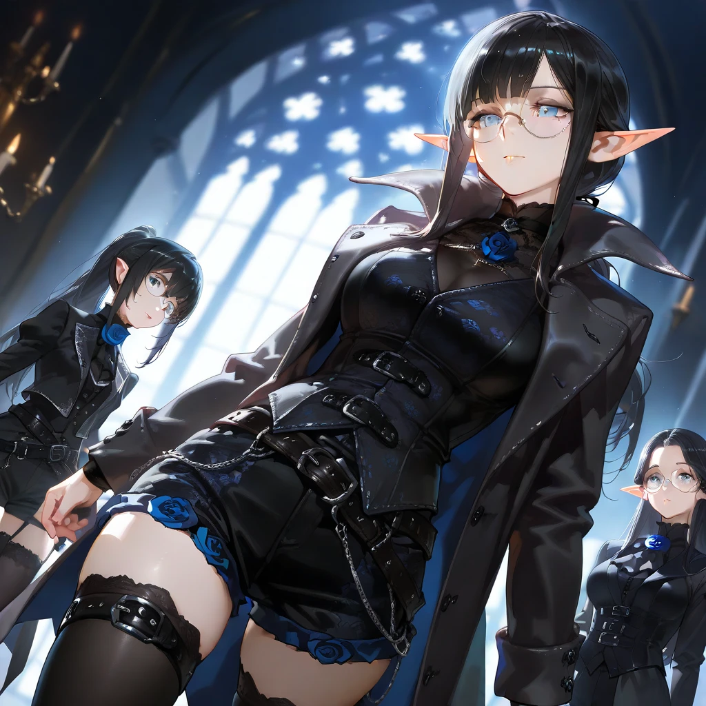 ((best quality)), ((highly detailed)), masterpiece, absurdres, detailed face, beautiful face, (detailed eyes, deep eyes), (1girl), dynamic pose, cowboy shot, <lora:armorleo2:.8>, armored leotard, cape, breastplate, shoulder pauldrons, bare hands, (vampire), (pointed ears), (glowing) ice blue eyes:1, (white skin:1.3), (black hair:1.3), ð§ââï¸, ((wine glass)), open mouth, fangs, medium breasts, black and red gothic dress, sharp nails, nightgown, partially (transparent clothes), laying on back, on a large bed, ((arrogant)), disdainful expression, (black_lipstick:1.3), inside a gothic castle, at night, stained glass, (inside, <lora:school_hallway_v0.1:1>, school hallway, school uniform, BREAK (((multiple girls,multiple boys))))