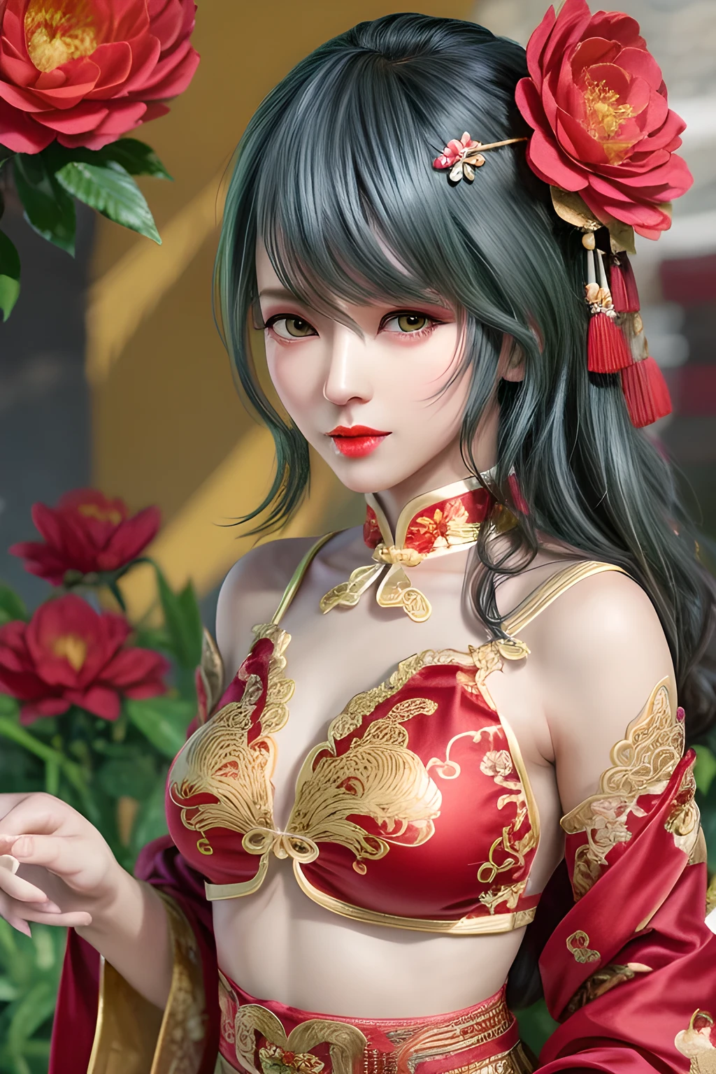 1girl in,bush,fashi-girl,qipao dress,chinese clothes,Hair Flower,(masutepiece:1.4),(Best Quality:1.4),(Shiny skin),Red lips,Looking at Viewer,Big breasts,cleft lip, Show breasts, stare into eyes