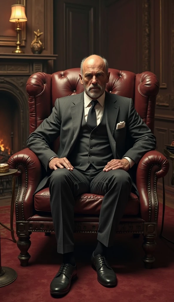 A menacing man with a long, grey handlebar mustache and a thick, dark beard sits on a towering, jet-black throne with sharp, angular designs that exude power and authority. His eyes, intense and piercing, stare directly at the viewer from behind large, round, non-transparent sunglasses, creating an unsettling aura. He wears a muted orange velvet suit with a dark green polka-dot bowtie, but the colors are dulled, almost shadowed by the dim, flickering light in the room.

Resting on his lap is a sleek, black cat with glowing, terrifying eyes that seem to peer into the viewer's soul. The cat's fur is sleek, and its presence adds a layer of foreboding to the scene. The man’s hands rest firmly on the throne's armrests, fingers subtly curled as if ready to command or judge.

The throne room is dark and imposing, with cold stone walls and minimal decoration, save for a few jagged, black banners hanging behind him. The wallpaper is a deep, almost black, green with faint gold accents that only become visible in the firelight from a roaring fireplace to his side. The flames cast eerie, dancing shadows across the room, enhancing the sense of dread and power that the man exudes as he looks directly at the viewer, as if ready to deliver a harsh and final judgment.