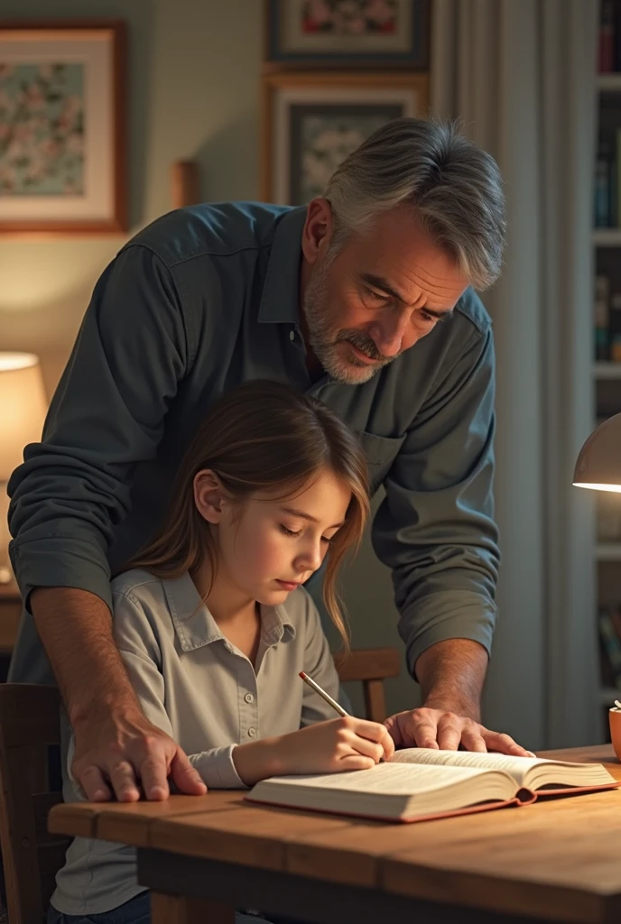 Father helping with homework father and daughter sitting at the table, concentrates, with open books and notebooks.
Father points to something in the book while the child writes.
Father's face showing patience and child showing understanding.