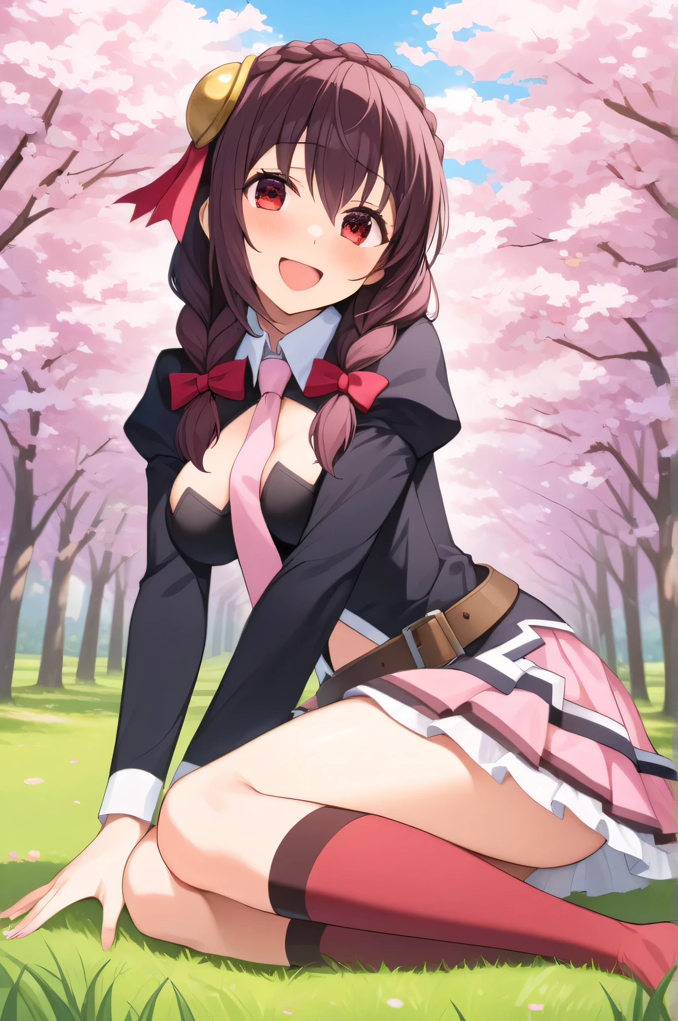 alone, One girl, The best smile, View your viewers, Crown Blade, hair ornaments, Hair Ribbon, Pink tie, Black long sleeve, Pink Skirt, Knee socks, Cleavage, grassland、Black Hair、Red Eyes、(blush)、sit、cherry blossoms