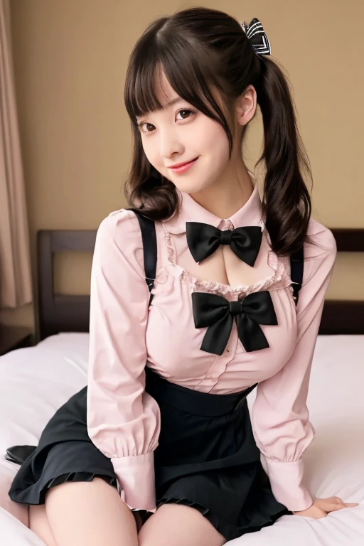 28 years old、、、One woman、、、Cute smile、、、Twin tails、、、Brown Hair、、、Sexy pose、、、(stand)、、、(whole body)、、、whole body、、、(Big Breasts)、、、School、、、uniform、、、pink blouse、、、、(mini skirt)、、、(((black Checked skirt)))