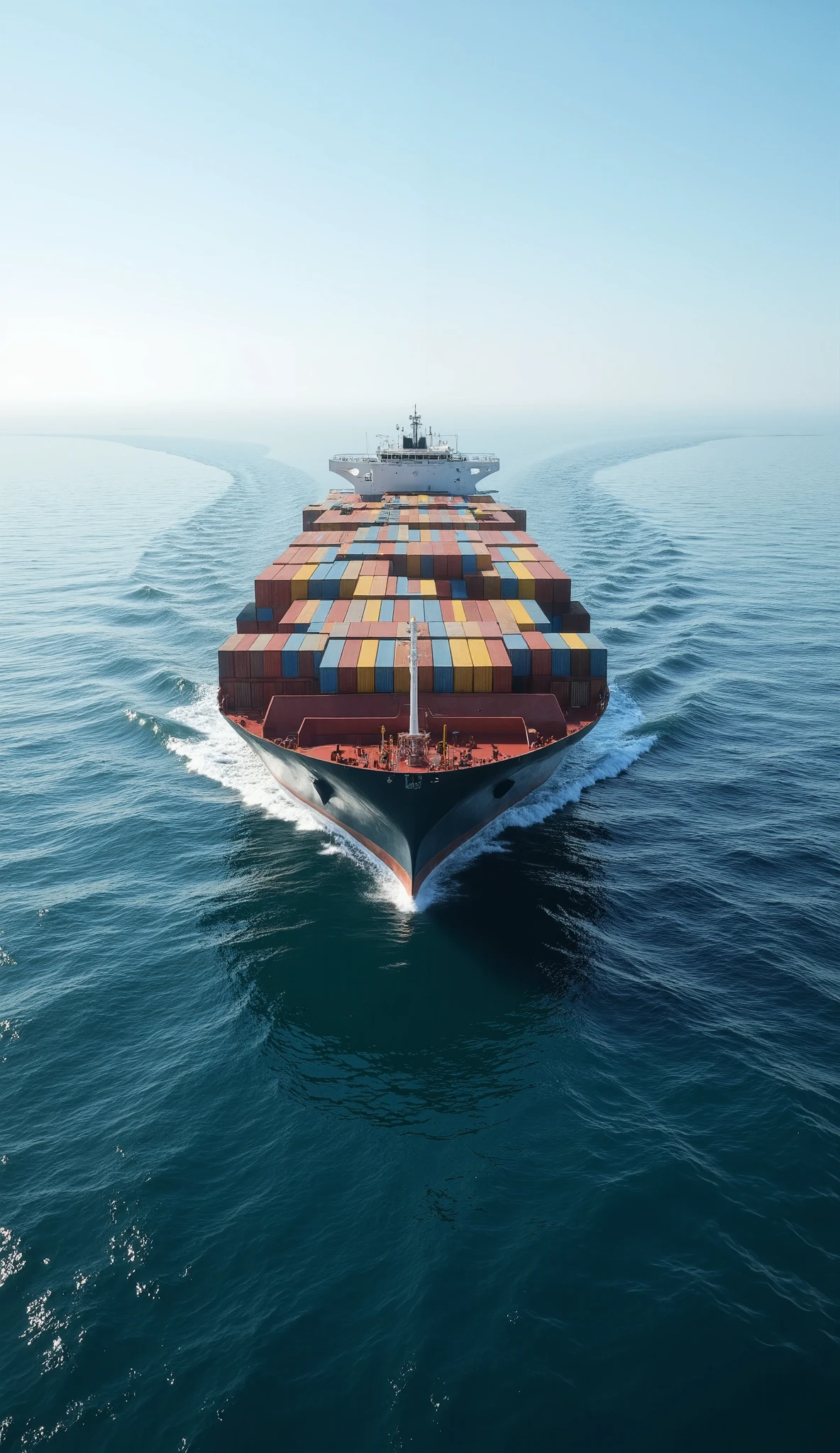 A cinematic ultra-realistic photo of a modern cargo ship navigating through calm, open waters under a clear sky during daytime. The ship is large, clean, and well-maintained, fully loaded with colorful shipping containers organized in perfect alignment. The ocean reflects soft blue tones, with gentle ripples surrounding the vessel, symbolizing smooth and efficient maritime transport. The composition emphasizes stability, reliability, and professionalism in logistics. Natural sunlight highlights the ship's structure and the surface of the water. High resolution, masterpiece, best quality, ultra realistic, photorealistic, sharp focus, detailed textures, kodak vision color, photo_ultra, 8K UHD, 35mm photography, realistic lighting, cinematic, real life, shipping industry, global trade, maritime transport, peaceful atmosphere, dynamic lighting, raw photo look.