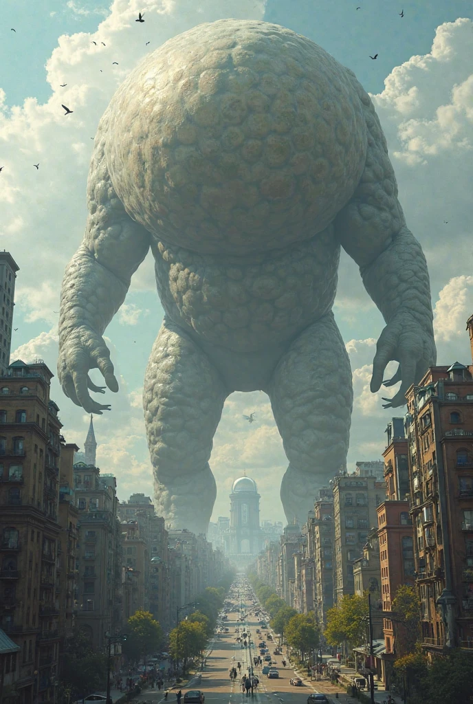 A giant as big as a mountain Town looking up Huge belly Huge breasts aerial photograph islands stomping Space Station