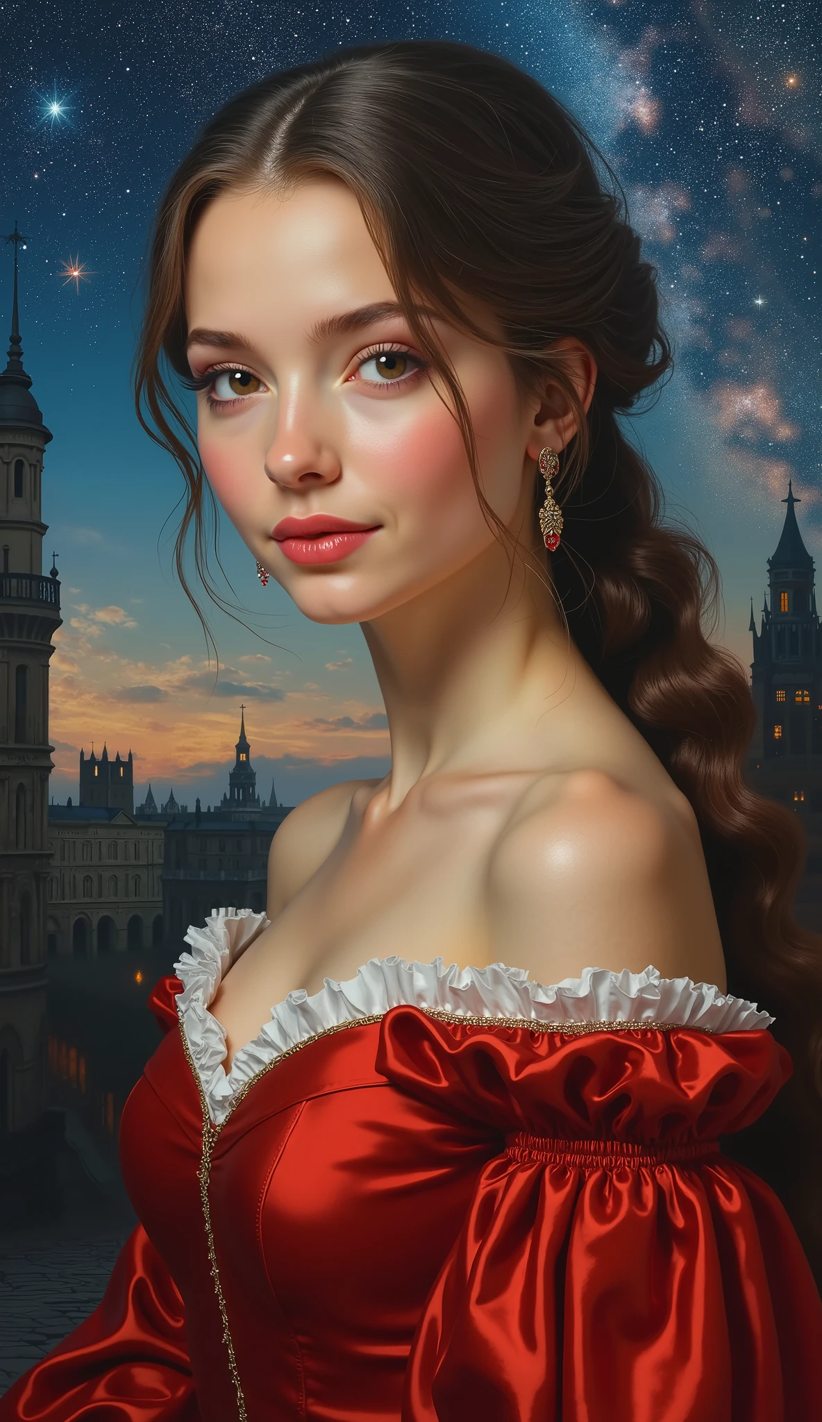 High Definition Images、Night Sky with views of the Milky Way Galaxy、Oil painting、Daughter of a famous medieval European family、Top Quality、shape、very detailed、finely、high resolution、8K wallpaper、完璧なダイナミックなshape、Beautiful Delicate Eyes、natural lips、long eyelashes、濃い化粧、smile、Take a picture of her in a red dress、 facial details 、chest、random pose、full body、full bodyの高精細な写真、camera、Take a picture of her in a red dress {x} Take a back view of her in a sexy red dress、Background with views of medieval London。