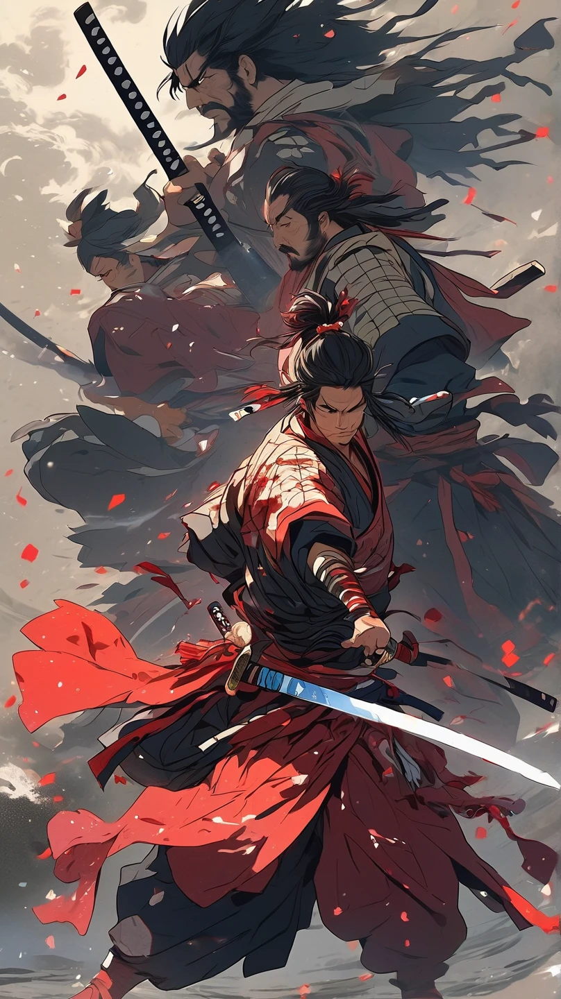 (top quality, Two Samurai,One Samurai Who Was Slashed, The Samurai Who Killed,Japanese sword with blood, discovery, Avoid, dodge, realistic, photo-realistic:1.37), swirling bright colors, sharp concentration, Bokeh, (gorgeous:1.2),(mystical scenery that looks backward), (dynamic poses:1.37),  has a strong gaze, Extraordinary Power ,  Mythical Power ,  black and red , scratch , Japanese Style)
