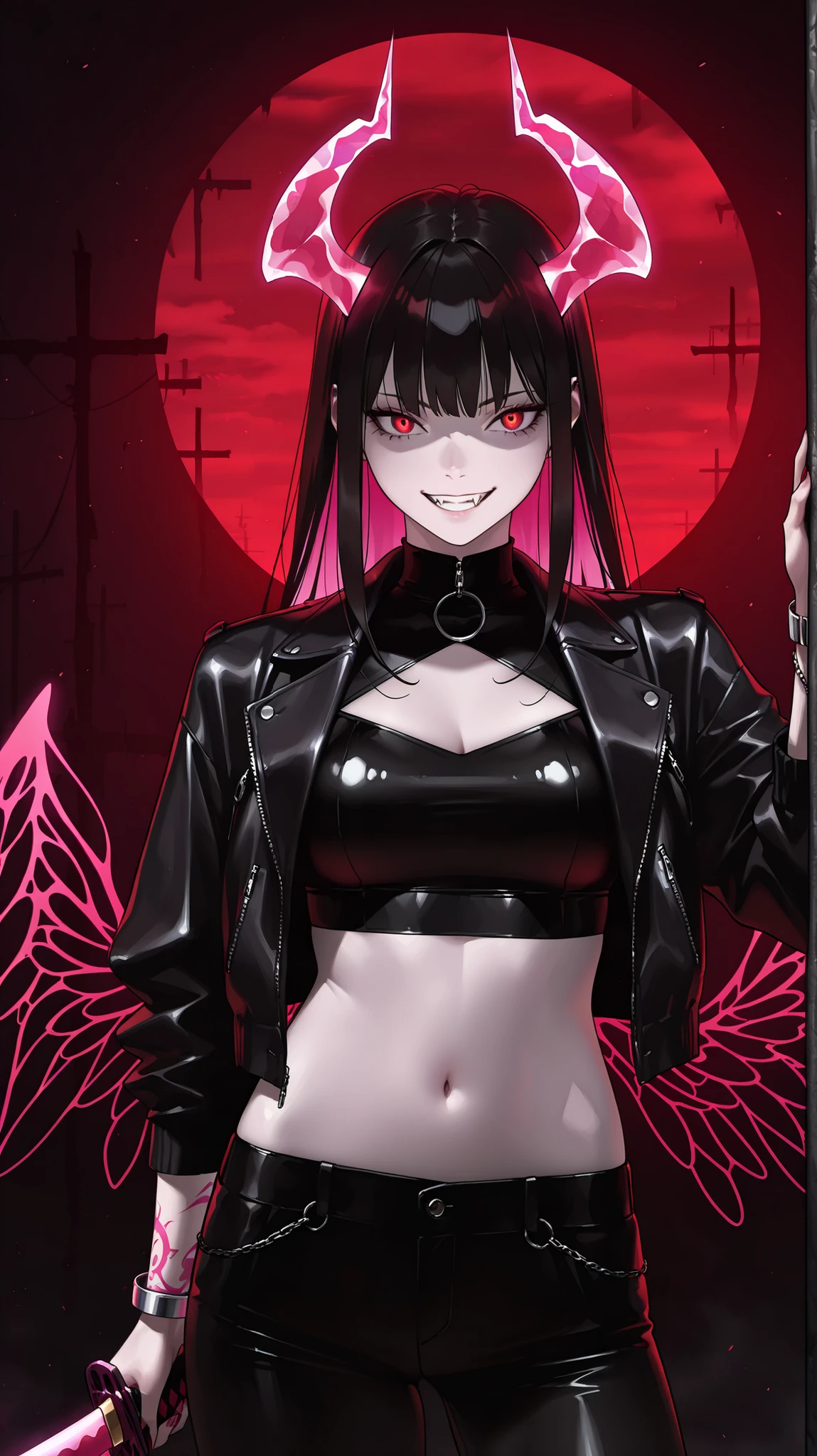 masterpiece, best quality, amazing quality, newest, very aesthetic, 1girl,Image is a digital illustration featuring a stylized anime character with a dark, edgy aesthetic. The character has long, straight black hair with bangs, and her skin is a pale tone. She has striking red eyes and a mischievous smile, revealing sharp, fang-like teeth. The character is adorned with neon pink devil horns and a halo, adding a supernatural element. She wears a black crop top under a maroon jacket, accessorized with rings and bracelets. In her hand, she holds a katana, and there are abstract, neon pink designs and symbols surrounding her, including wings and crosses. The background is a gradient of dark red to black, enhancing the overall ominous and mysterious atmosphere of the artwork.