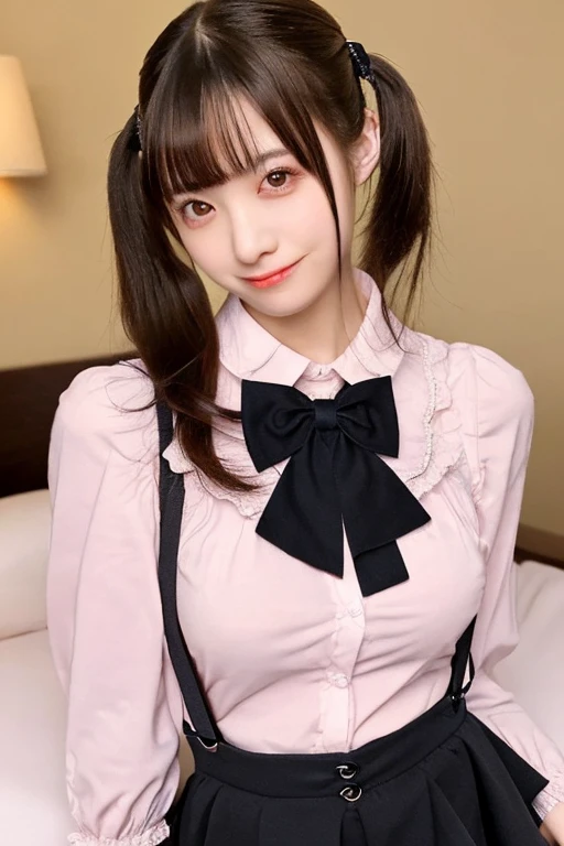 (masterpiece:1.2, highest quality), (Realistic, photoRealistic:1.4), Beautiful illustrations, (Natural Side Lighting, Cinema Lighting), Browsing Caution, 
Looking at the audience, (Face Focus, Upper Body), 1 girl, Japanese, high school girl, Perfect Face, Symmetrical cute face, Shiny skin, 
(Long Hair:1.5, Twin tails:1.4, Dark brown hair), Asymmetrical bangs, Dark red eyes, Shining Eyes, Big eyes, Droopy eyes, long eyelashes chest), thin, Dark red hair ribbon, 
Beautiful Hair, Beautiful Face, Beautiful and beautiful eyes, Beautiful clavicle, Beautiful body, Beautiful breasts, Beautiful thighs, Beautiful legs, Beautiful fingers, 
((Pink ruffled apron, White collared shirt, Dark red pleated mini skirt), Dark red bow tie), 
(Beautiful views), evening, (kitchen), Are standing, Put your arms behind your head, (Cute Smile, Superior),

