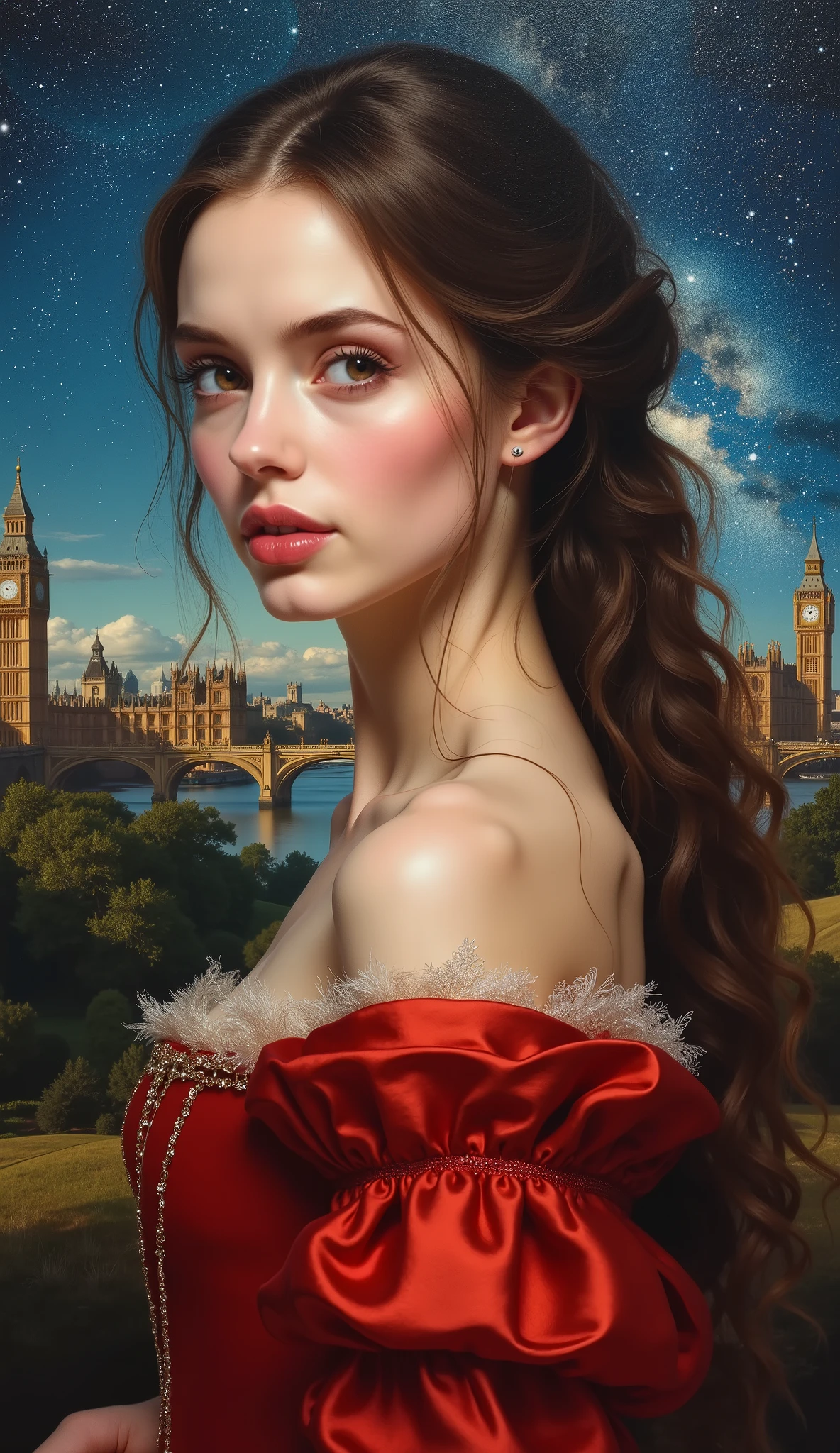 High Definition Images、Night Sky with views of the Milky Way Galaxy、Oil painting、daughter of a famous medieval European family、Top Quality、shape、very detailed、finely、high resolution、8K wallpaper、完璧なダイナミックなshape、Beautiful Delicate Eyes、natural lips、long eyelashes、濃い化粧、smile、Take a picture of her in a red dress、 facial details 、chest、random pose、full body、full bodyの高精細な写真、camera、Take a picture of her in a red dress {x} Take a back view of her in a sexy red dress、Background with views of medieval London。