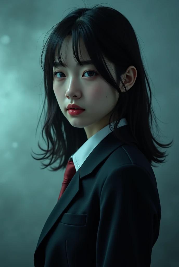 ultra-realistic, photorealistic, dramatic scene, sombra, global lighting, 1 menina\( 18 year old Japanese girl, Pretty cute, with rosy lips , Suit, Blue eyes and slanted eyes like Japanese dps 
