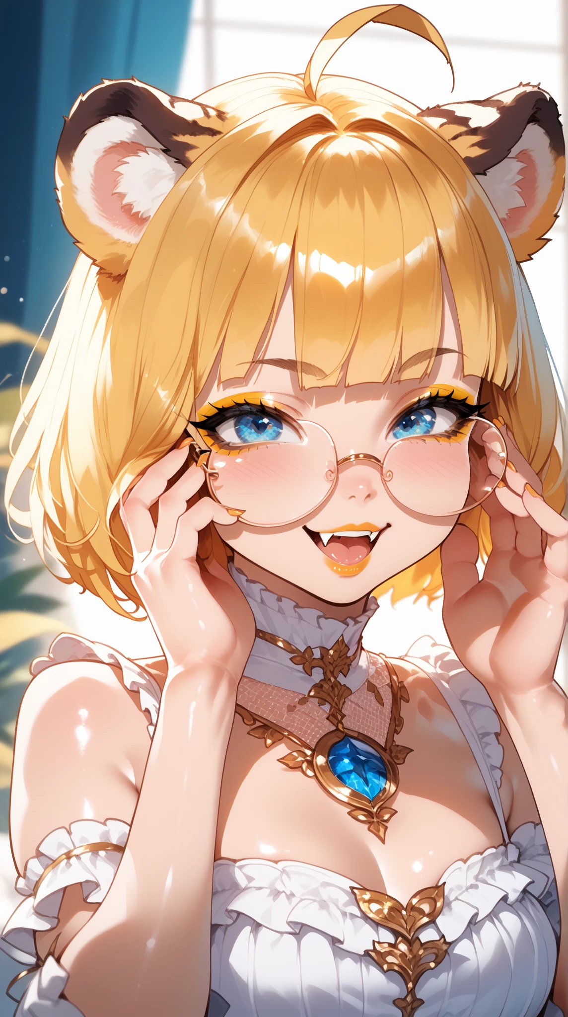 (fluffy anthro furry :1.4),cat girl,blue eyes,sparkle eyes,glistering eyes,mint long hair,wavy hair,messy hair,neck fur,pubic fur,naked,hair cover nude,gold flower garden,gold sunlight,looking at viewer,full face blush,beautiful face,smile,fangs,heart eyes,heart expression eyes,glasses,gold floral hair ornament,gold floral bracelets,glod floral body chain,two hands selfie
