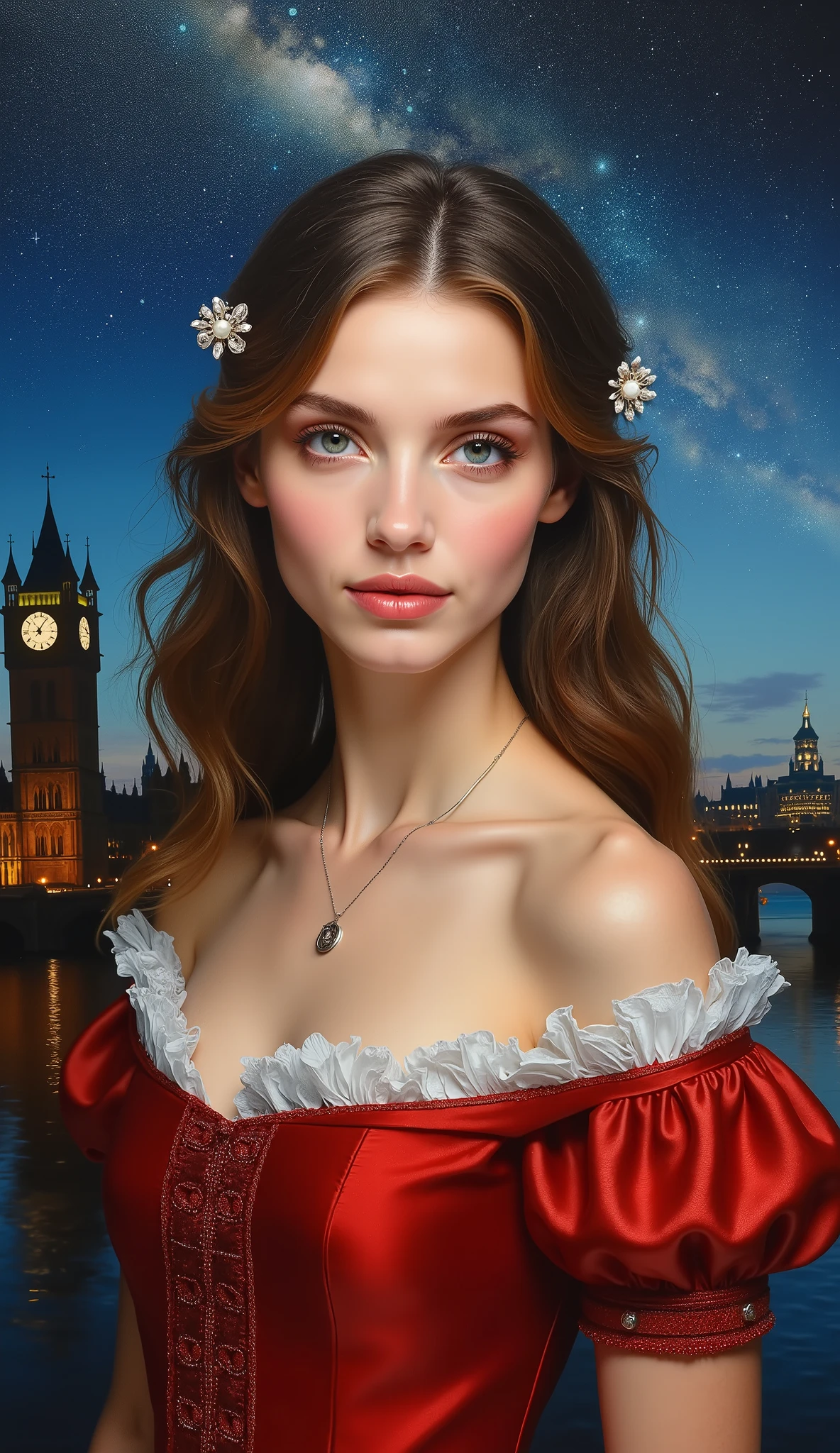 High Definition Images、Night Sky with views of the Milky Way Galaxy、Oil painting、Daughter of a famous medieval European family、Top Quality、shape、very detailed、finely、high resolution、8K wallpaper、完璧なダイナミックなshape、Beautiful Delicate Eyes、natural lips、long eyelashes、濃い化粧、smile、Take a picture of her in a red dress、 facial details 、chest、random pose、full body、full bodyの高精細な写真、camera、Take a picture of her in a red dress {x} Take a back view of her in a sexy red dress、Background with views of medieval London。