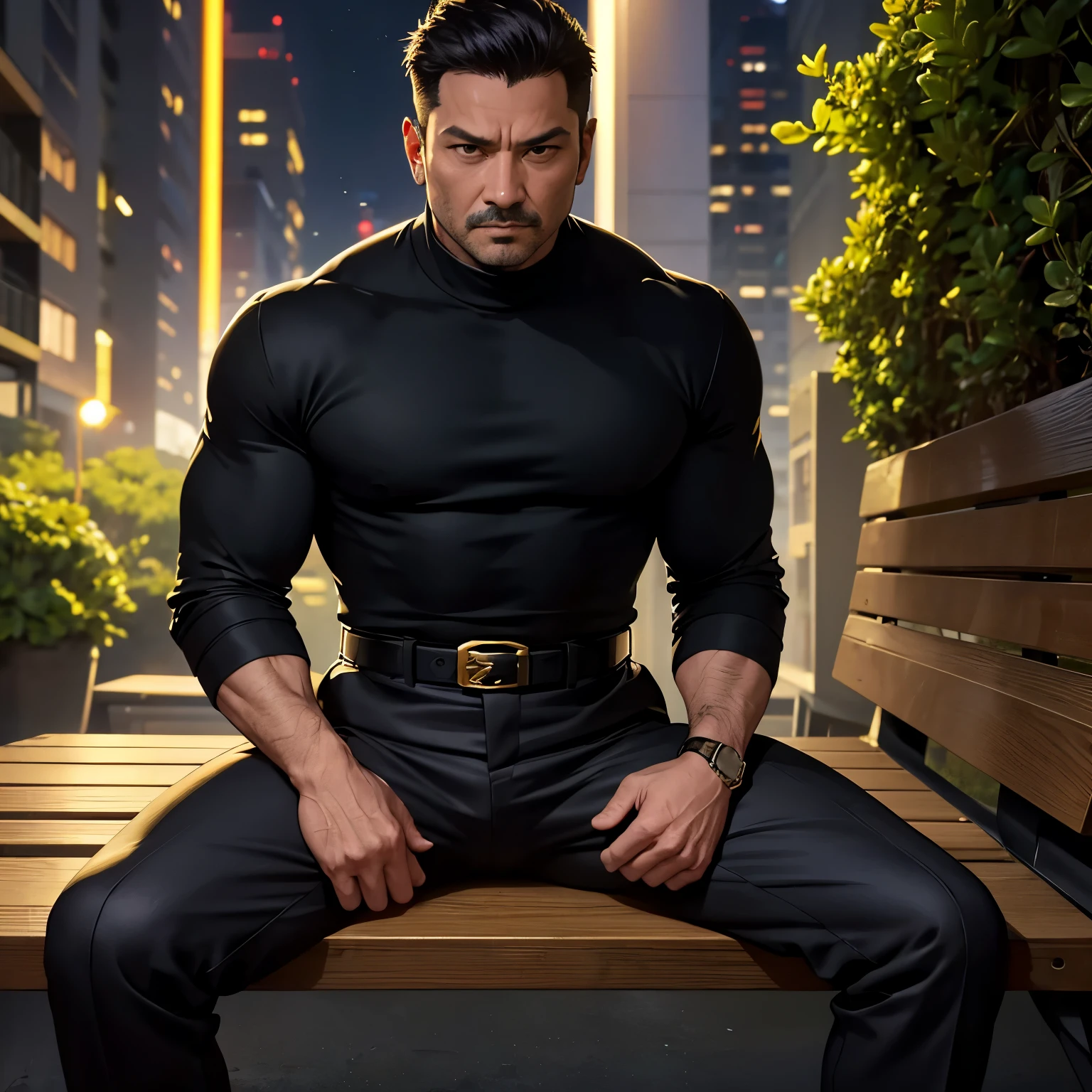 primitive, tmasterpiece, ultra fine photos,best qualtiy, 超高分辨率, realisticlying,1 uncle,aged 40,extra very short hair,Short beard,Thick eyebrows, rays of sunshine, full-body portraits, Amazingly handsome,dynamicposes, delicated face, Vibrant eyes , turtleneck top, cropped shoulders, sitting on a leather sofa, very highly detailed background, 详细的脸, detailed tidy background, opulent, highdetailskin, Realistic details of skin, Visible Pore, Sharp focus, volume fog, 8K UHD, digital SLR camera, high high quality, filmgrain, healthy-looking skin, photorealisti, Lomorro, Utopian metropolis of the future, look from down, vast pecs:1.3