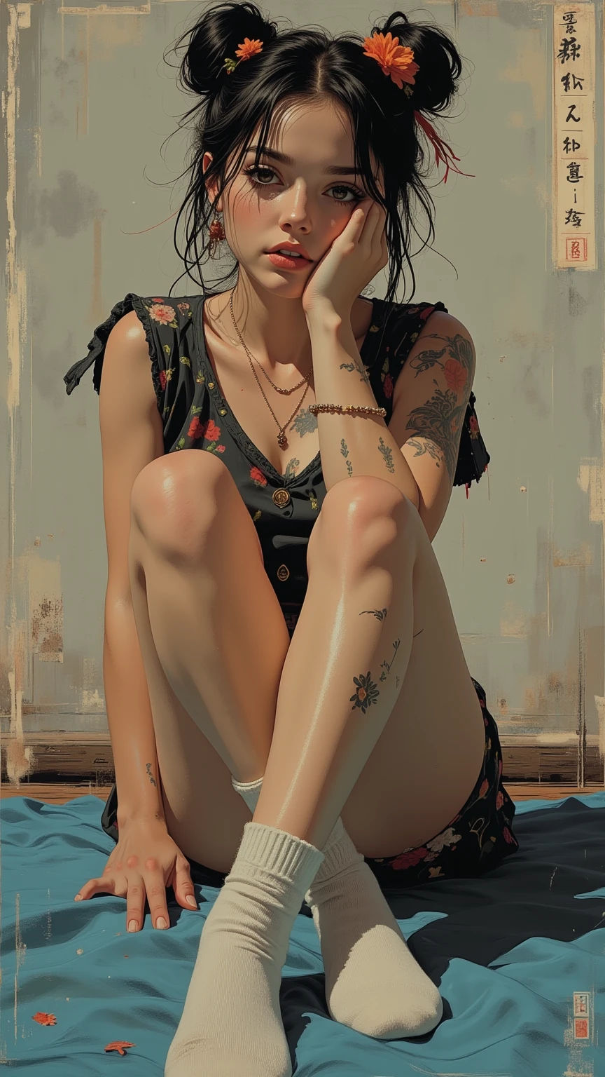 CG K ultrarrealista ,((de primera calidad、8k、32K、Obra maestra、nffsw:1.3)), (superfine illustration)、(super high resolution), (((cuerpo adulto))), (((1 chica en))), ((( bob de pelo corto ))), 25 year old cyberpunk gladiator with perfect body, Hombreras con espinas de metal., Gladiadores in Brooklyn, (( bob de pelo corto )), Camiseta del equipo de rugby rota, Casi desnudo al estilo urbano salvaje de Simon Bisley, pelo rubio corto, ropa minima, Metallic protection on the left arm with complex graphics..., Rojo oscuro con estrellas blancas y rayas azules y blancas., armadura, Lleno de puntas y remaches., Tatuaje de veneno (((Imagen desde la rodilla hacia arriba))), pelo rubio blanco corto, En el fondo、 There is a wall with an intricate design painted by Shepard Fairey...