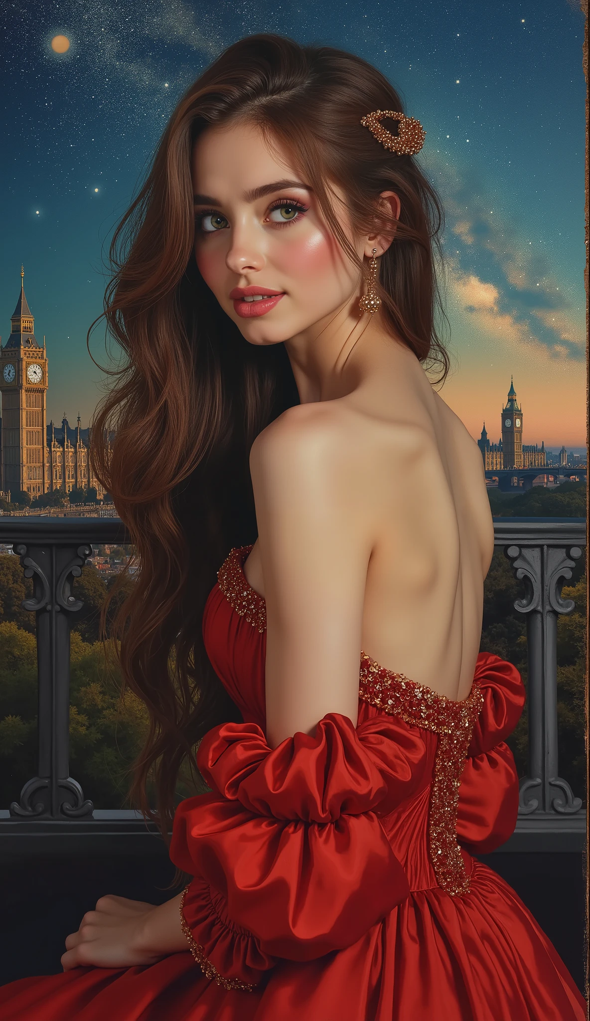 High Definition Images、Night Sky with views of the Milky Way Galaxy、Oil painting、daughter of a famous medieval European family、Top Quality、shape、very detailed、finely、high resolution、8K wallpaper、完璧なダイナミックなshape、Beautiful Delicate Eyes、natural lips、long eyelashes、濃い化粧、smile、Take a picture of her in a red dress、 facial details 、chest、random pose、full body、full bodyの高精細な写真、camera、Take a picture of her in a red dress {x} Take a back view of her in a sexy red dress、Background with views of medieval London。
