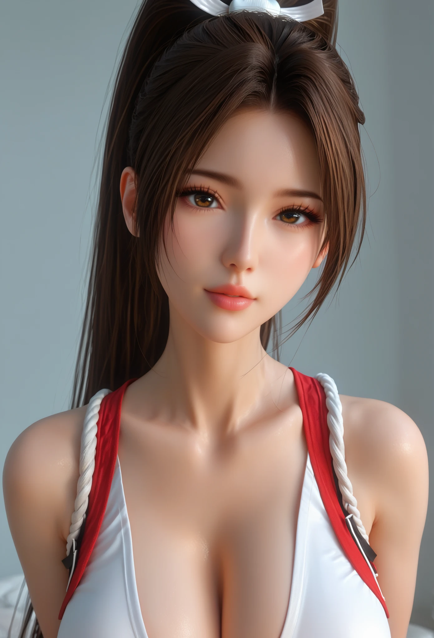 long shot,nighttime,akiryo-mai ,(Expose armpit: 1.7),Necklaces, earrings,Brownish red hair,see-through,(Business casual wear:1.6),(sweat:1.7), (Robert-Hernandez style tattooing:1.4) ,(((solo))),depth of field,(Masterpiece:1.5),(best quality:1.4),extremely detailed ,3D,Cinema-4D , 8k,Photorealistic ,( Charming female body), (gigantic breasts),Facing the camera, Pink lips,(((Finger details))),Subject centered,(((Extra hands))), (((extra legs))),