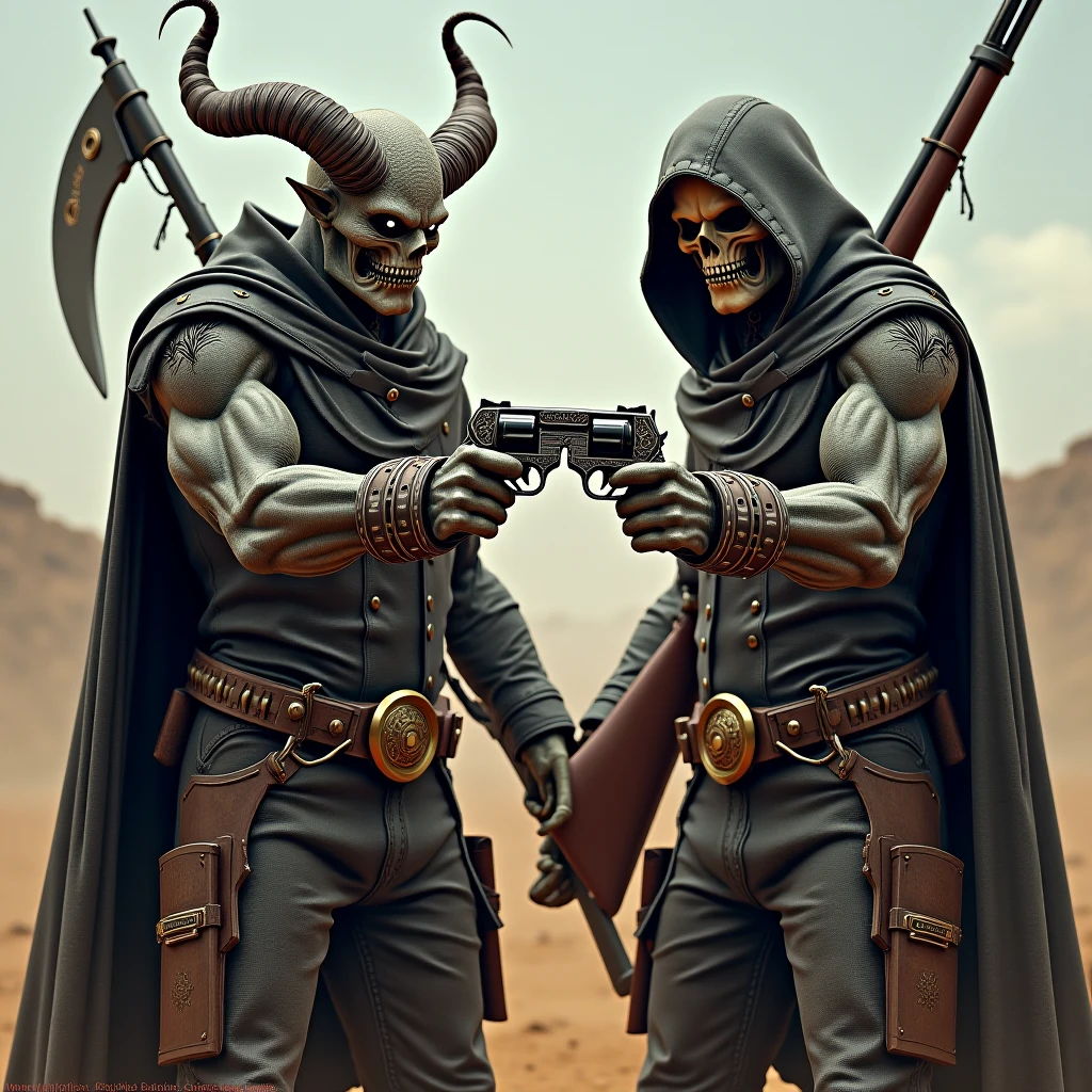 A man whose face is half a skeleton and half of a sheep's face,Representative of death,The Grim Reaper Cloak,The feet are the hooves of the sheep,Wearing heavy armor,Strong muscles,The background is hell