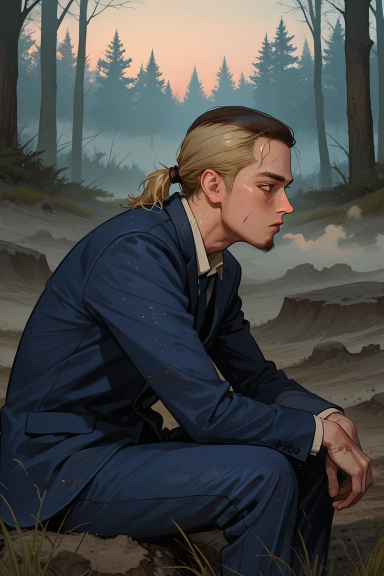man, male, freckles, freckles, blonde ponytail tied back, dirty, scars, neck, side view, dry dirt, grime, sitting, dark grass, mossy boulders, daylight daytime, forest, resting, relaxed pose, covered in dirt dust, close-up, fog, dusk sky, standing, goatee, dark blue suit, short dark brown beard, masculine