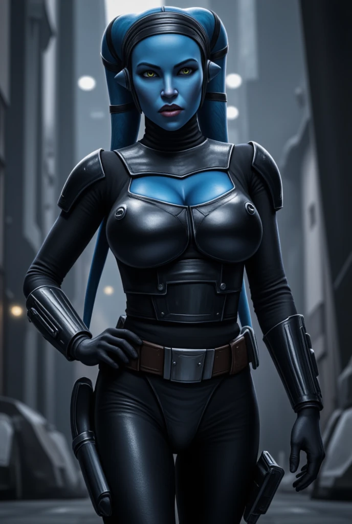 (((blue skin)), twi'lek), standing, hand on hip, (wearing black jacket, tube top, black trousers, black pants, tight pants, long boots, ((busty), slender body, thin, slim sexy body, slim waist, huge breasts), Imperial starship, Star Wars,