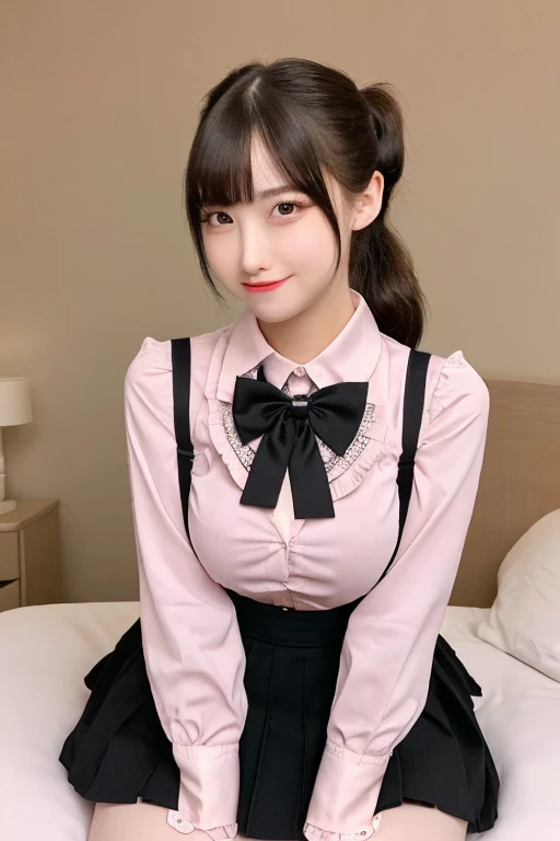 Highest quality、masterpiece、8k、Very detailed、Realistic、(One girl)、(Looking at me with a smile:1.5)、whole body、Black Hair、Small face、(Slender:1.2)、(Big Breasts:1.2)、(Pink tight-fitting, one-piece business jacket with buttons and a collar:1.2)