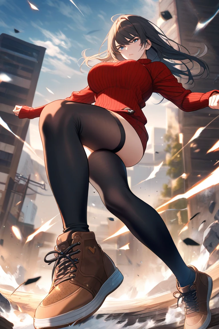 giantess art, highly detailed giantess shots, giantess, Two legs, Five fingers, short hair, A gigantic high school girl who is taller than a skyscraper, Wearing rimless glasses, smile, Big Breasts, Navy blazer, Red tie, mini skirt, Black Pantyhose, black pantyhose, no shoes on, toes visible through pantyhose, Steam coming out from the soles of my feet, Destroying cities, A very small big city, Miniature metropolis, Full body description, GTS, giga giantess, stomping city, crash city, tiny city, micro city, pantyhose feet, High resolution, highest quality, masterpiece,