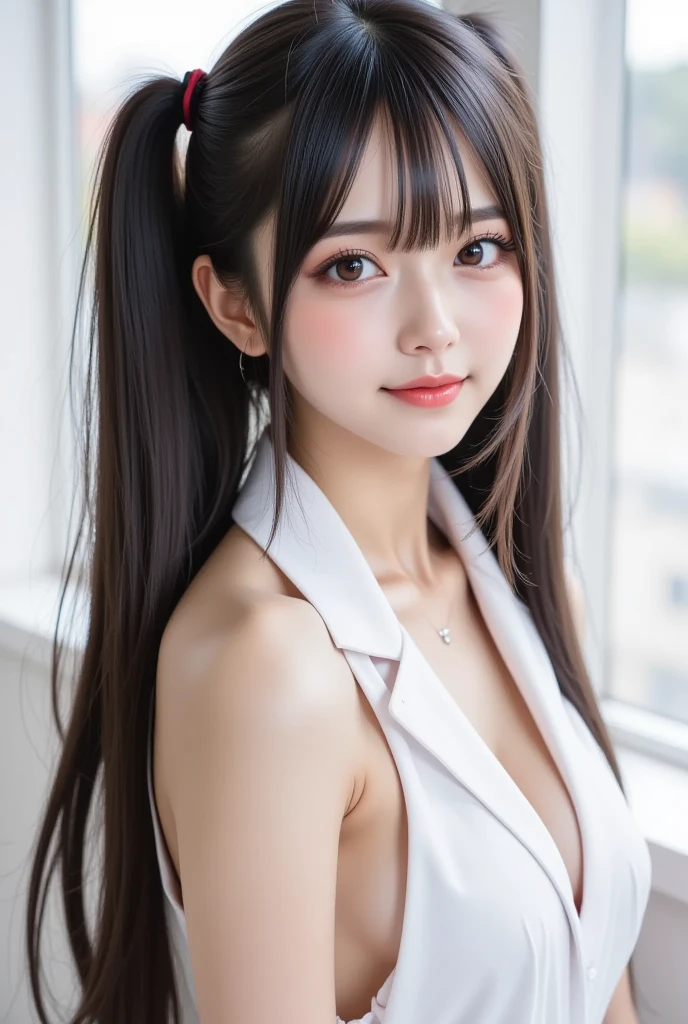photorealisti,ultra-detailed,japanese pretty woman, 1girl, slender abs :1.1, dark brown hair, ultra-detailed face, highly detailed lips, detailed eyes, double eyelid, white panty, spread legs, white bra, smile