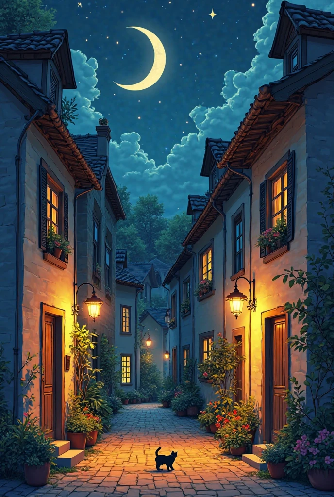 Draw a night neighborhood alley with the building facing each other make many houses facing each other with the lights yellow orange cozy lights make it with French style the sky full wi starts and half moon with clouds in them make some flowers pots are the doors of the houses with a cat walking in that alley with 0 point perspective draw it with retro anime illustration style 