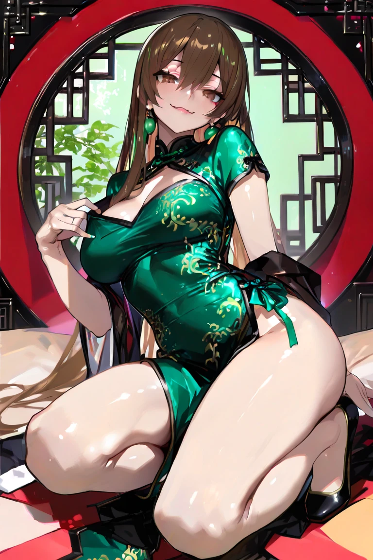 nsfw,idolmaster, Chieri Ogata,One Girl,,Lori,Brown-haired twin tails,small tits,brown-eyed,four leaf clovers, Beautiful breasts,Green Idol Costume,Smile with open mouth,Top image quality,Best Quality