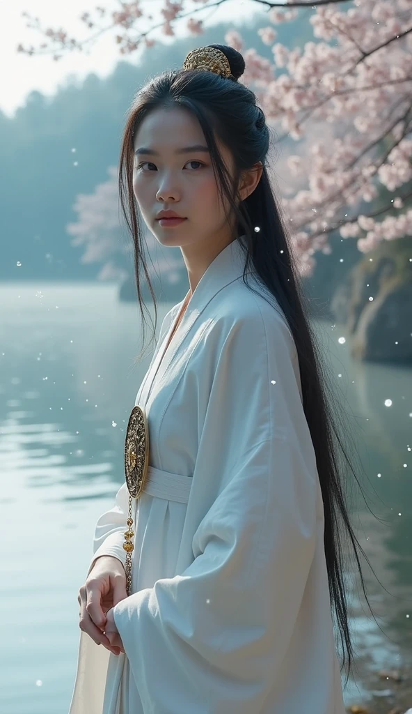 A 4K cinematic portrait of Seoritsuhime, the Japanese goddess of water, standing alone by a misty lakeside. She wears flowing white robes with an ornate sacred mirror pendant on her . Her long black hair flows gently in the breeze. She gazes forward with a calm, gentle expression. The background is filled with soft mist, pale cherry blossoms, and shimmering reflections on the water. Light particles float around her, emphasizing her divine presence and harmony with nature. Created Using: Japanese water goddess portrait, long black hair, misty lake background, 4K cinematic glow, natural look
