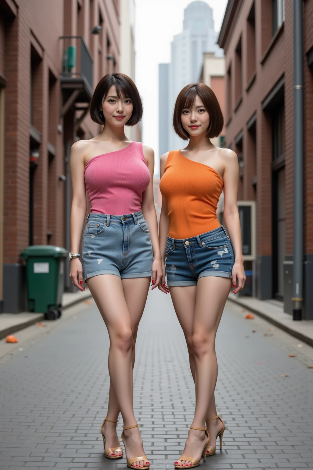 8K, masterpiece, best quality, photo realistic, ultra-detailed, 2 girls, Asian, athletic body, realistic skin texture, 1 girl long hair, 1 girl short hair, (breasts:1.0), (smile:0.8), gaze at viewer, tube top, hot pants shorts, micro mini skirt, movie lighting, face focus, fine eyes, detailed face, well lit face, day light, outdoor cafe in background, nice thighs