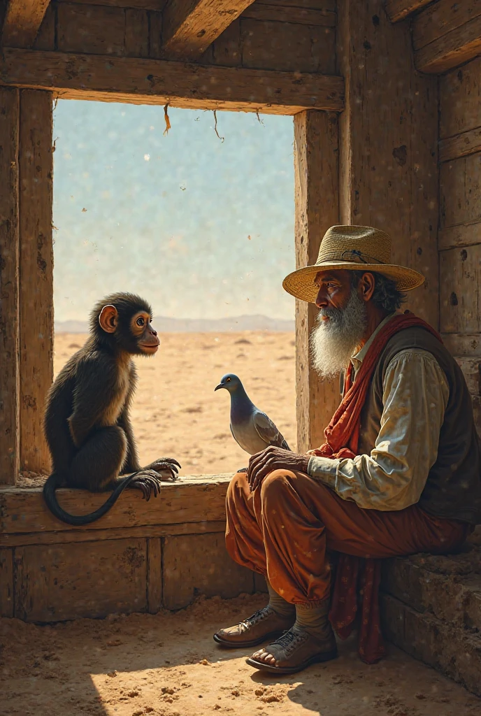 A monkey, a farmer, and a pigeon are sitting in a wooden house in the desert.