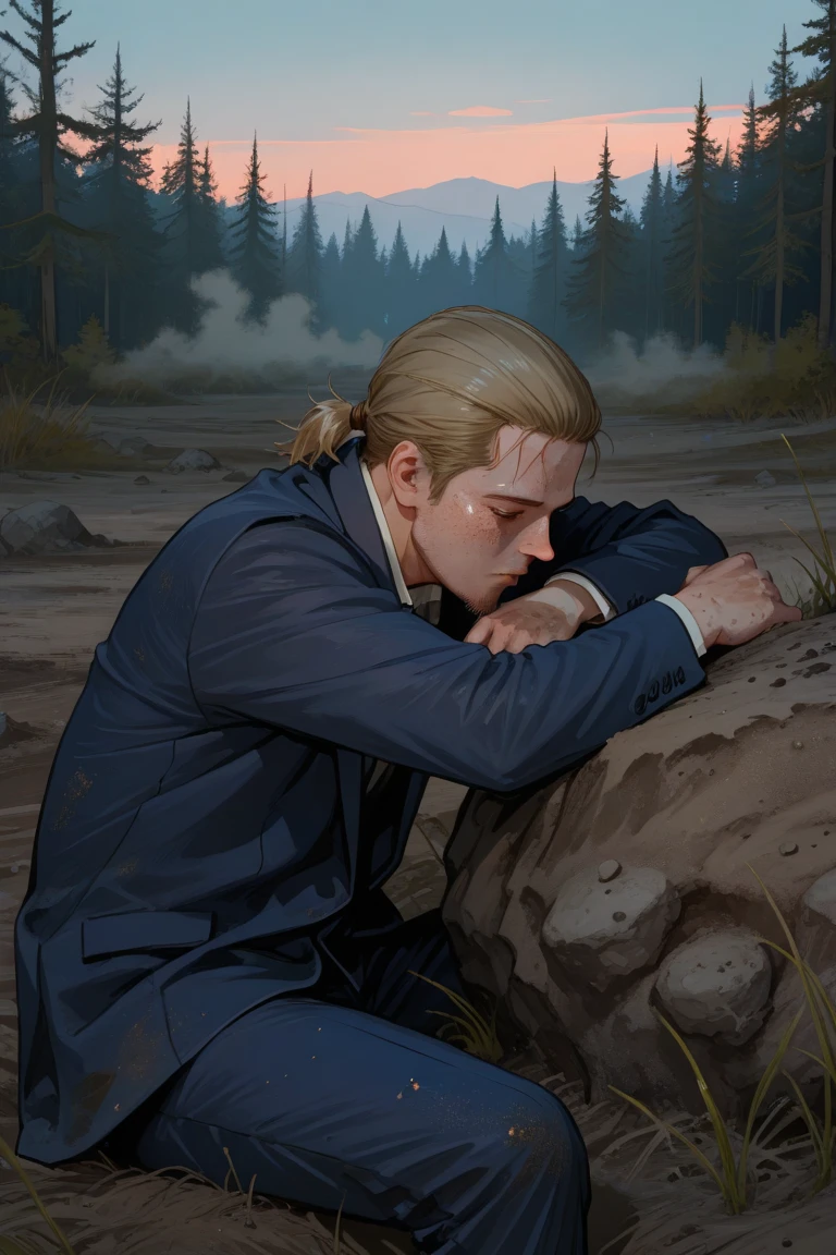 A young tall thin blndin man with blond wavy short hair in an old canvas shirt stained with blood and old-style pants with ties crawls on the ground fell, wounded in blood-stained clothes, blood on his chest, from afar you can see the stone wall of the castle, 3d, in the afternoon in the forest