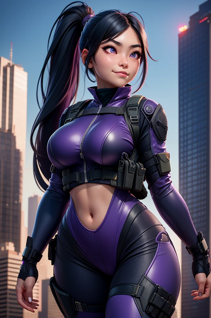 realist, a woman of purple color, 30 years old appearance, hair pigtails in black to purple, black armour, pov