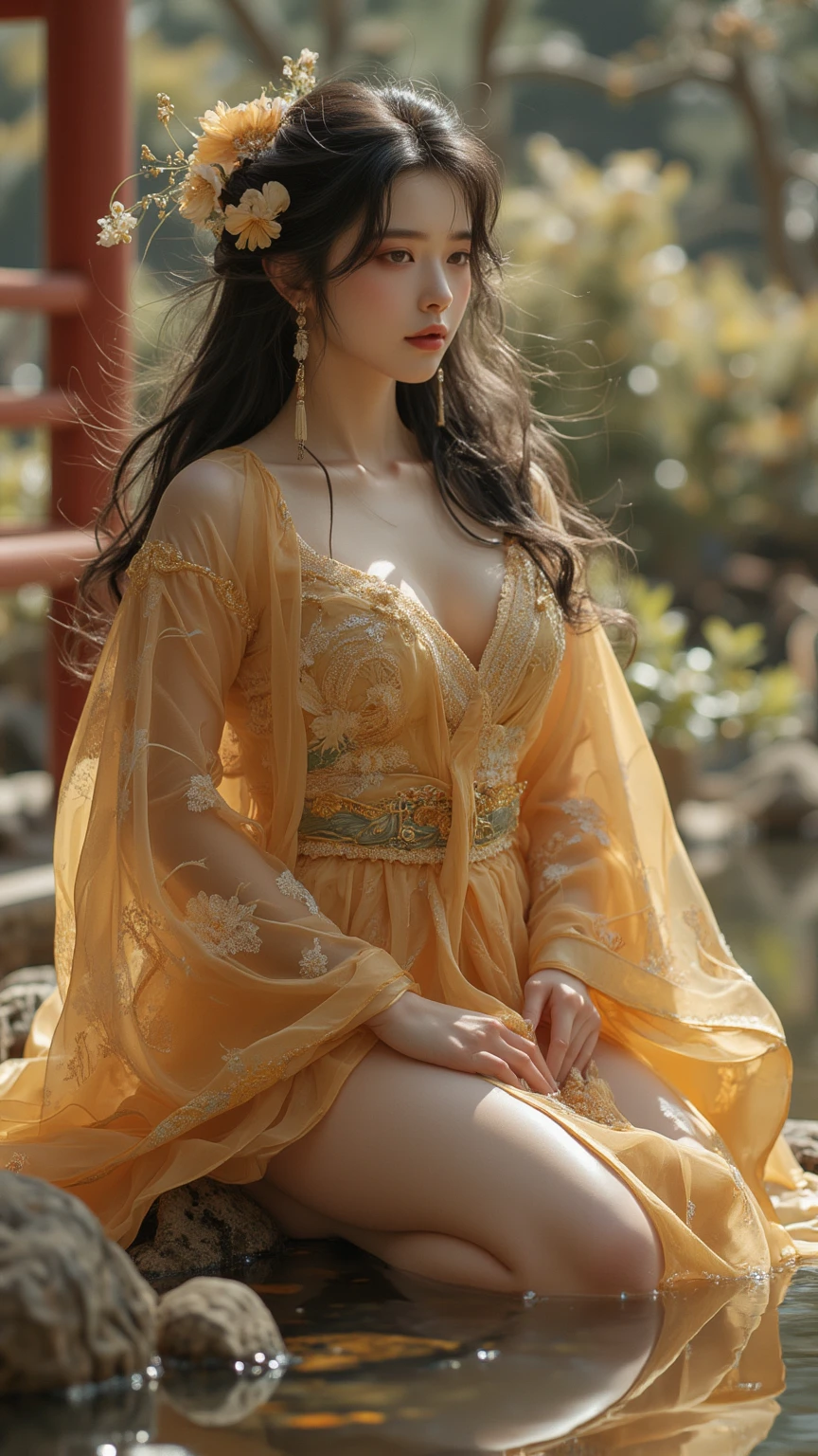 4K Ultra HD, obra maestra, a pretty girl, buena cara, ojos detallados avellanas, liquid lipstick, pelo largo, extendiendo el cabello, collar, hermoso vestido, vestido largo, Color amarillo, con una corona reflejos, efectos de luz, Brillante, fondo realista, fondo de naturaleza, flores, session, captura de cuerpo entero,