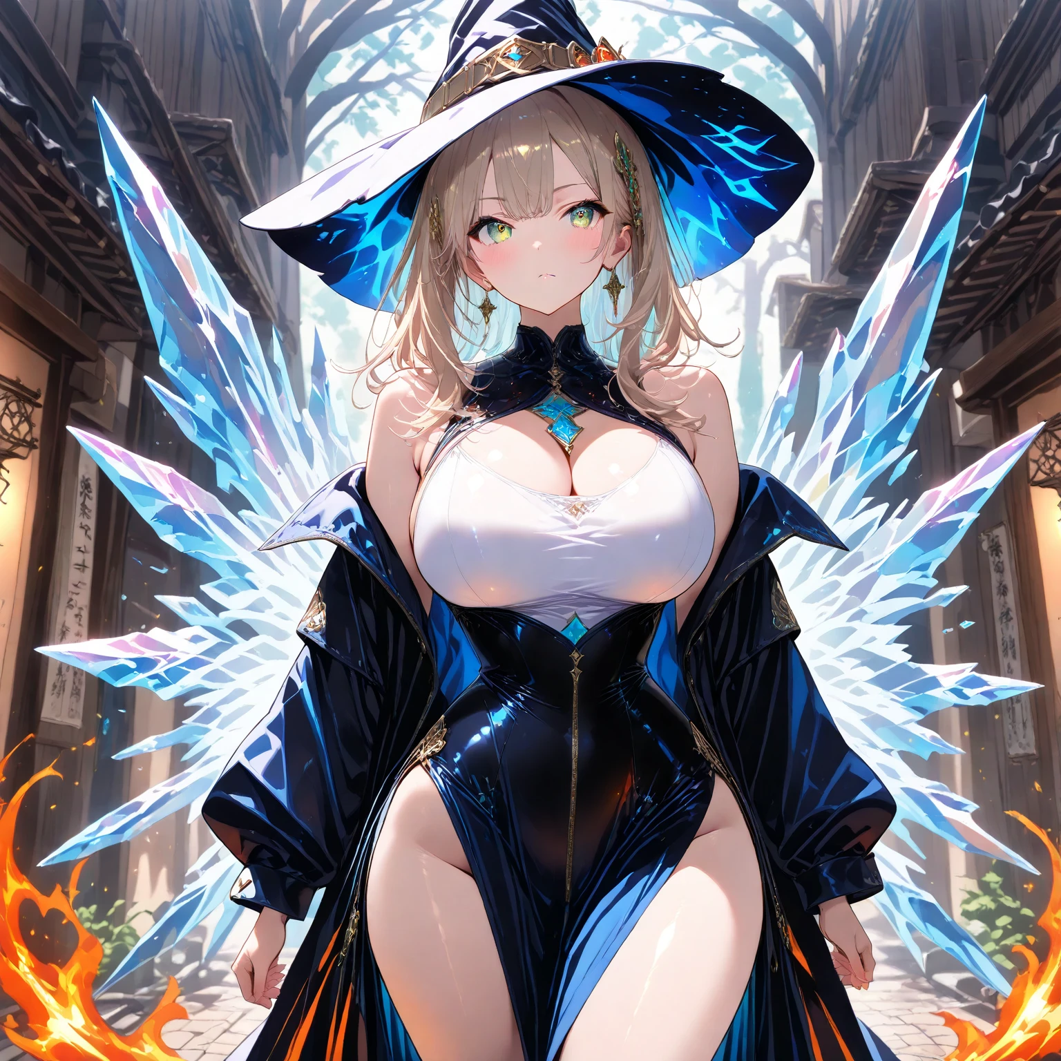 Back view、(Control a giant glowing snowstorm:2.0)、(Giant Ice、Crystal of snow)、(High quality, Ultra detailed, best quality, insanely detailed, beautiful, masterpiece)、(A witch clutching a giant staff:1.5)、Mature Woman、(Witch Hat、Blonde wavy hair)、((See-through blue sexy lingerie:1.3)、(Black garter belt、Black knee-high socks、Black Gloves、Black boots、gold and jewel decoration)、((Huge breasts)、Underboob、Sideboob、Huge areola、Thick Puffy Nipples)、(glamorous、Absolute area、Camel toe、Thick thighs、Wide Hips、curve、slim)、((Revealing outfit)、(NSFW)、(A large glowing blue tattoo on his crotch)、Shooting from below、(Witch's House、Evil ancient ruins)、(Bitch、Lewd、Slut、Prostitute、Sexual climax)