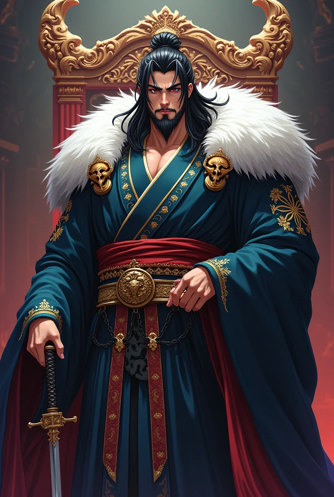a mongol king named timur of ancient mongolia, in traditional dress, with beard, sharp eyes and strong jawline, sitting in his throne, 8k, hyperrealistic, cinematic