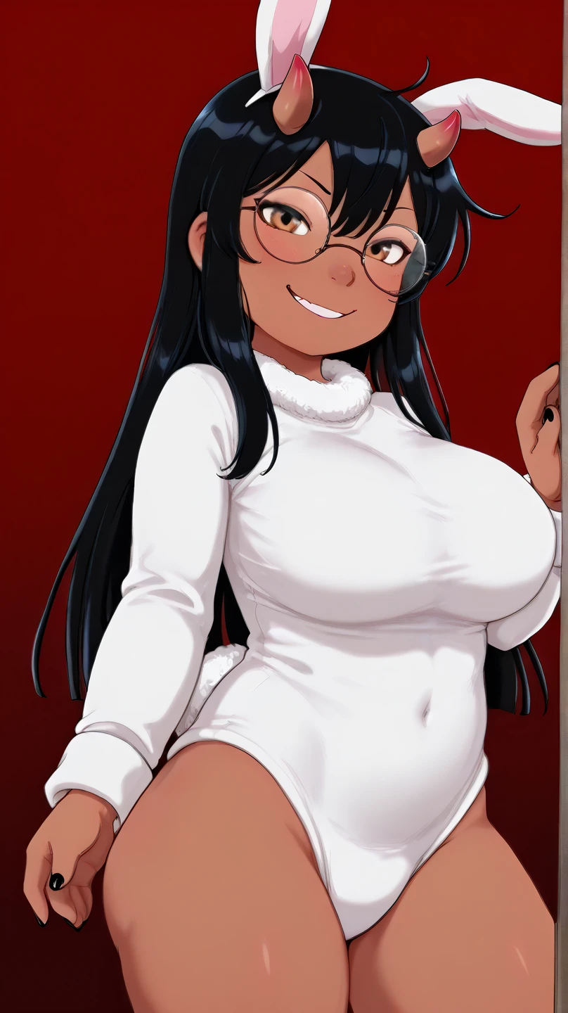 ((best quality)), ((masterpiece)), solo, 1girl, brown dark skin, white hair, black glasses, long hair, straight hair, forehead, slicked back hair, hairline, nude, nipples, black eyes, 16 years old, girl, large breasts, delicate beautiful face, black eyebrows,