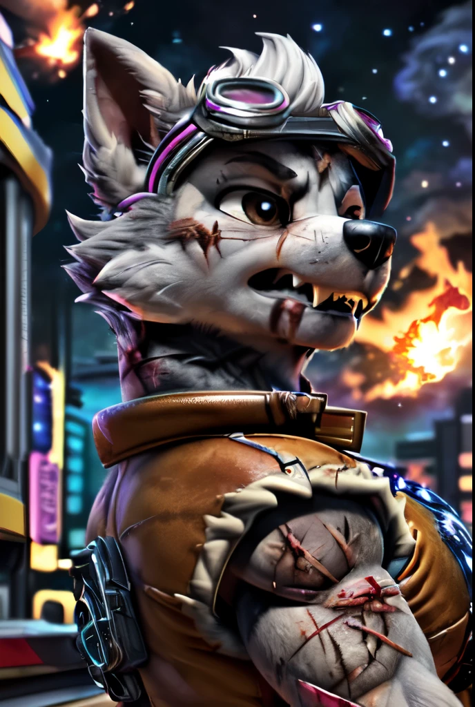 Gasket, ((Paw Patrol)), ((female solo)), domestic dog, female, adult female, brown eyes, (gray fur:1.65), ((gray body)), ((sharp teeths)), ((large fangs)), brown eyes, (Shiny eyes:1.6), ((Pixar eyes)), perfect eyes, ((glowing eyes)), (hyper realistic:1.65), long fluffy tail, very large tail, tail up, very furry and fluffy, ((very large fangs)), perfect ligthing, (Cyberpunk city background:1.25), (fire at background:1.65), ((many hearts all over the screen)), (front side view:1.35), ((seductive break)), ((spread legs)), spread legs, (rajii:1.1) (dimwitdog:1.1), (thesecretcave:1.25), (cooliehigh:1.1), (miles-df:1.1), (complextree:1.1), (pixelsketcher:1.1), (foxovh:1.1), (zaush:1.1), (avante92:0.70), (meesh:1.1), (inu-sama:0.80), (cervina7:1.1), (F-R95:0.70), (R-mk:1.1), (xpray:1.1), (standing tall:1.65), (large fluffy tail:1.65), (close up to face:1.15), (angry expression:1.45), (nebula:1.45), (starry:1.45), (planet at sky:1.45), (hyper breasts:1.15), (wearing brown leather waiscoat:1.45), (anthropomorphic:1.45), (snarling:1.25), (wounded body:1.85), (scars all over her body:1.45), (some muscles:1.45), (strong female:1.35), (hyper breasts:1.35), (wearing spike wristband:1.25), (wearing long goggles over head:1.65), (white hair:1.25), (hair over eyes:1.25), (close up to face:1.25), (wearing very ripped black shirt:1.45)