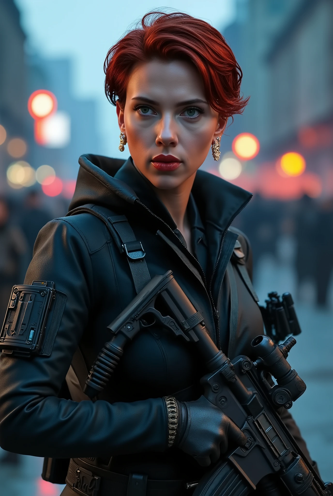 In this captivating image, , the central female character (Scarlett Johansson, linda face), short red hair, exudes Call of Duty's Confident Operator , wearing full Delta Force black tactical equipment, Armed with an AR-15 , combat pose, ( battle scenario in the background ), full body portrait, sensual, linda, Hypnotic, concept art, highly detailed, vibrant colors, bioluminecent , artstation, behance, deviantart, rifle inspired by the manga Innocent , inspired by Marvel Comics concept art, trend, Amanda Sálvia, Jim Lee-O, extremely realistic.