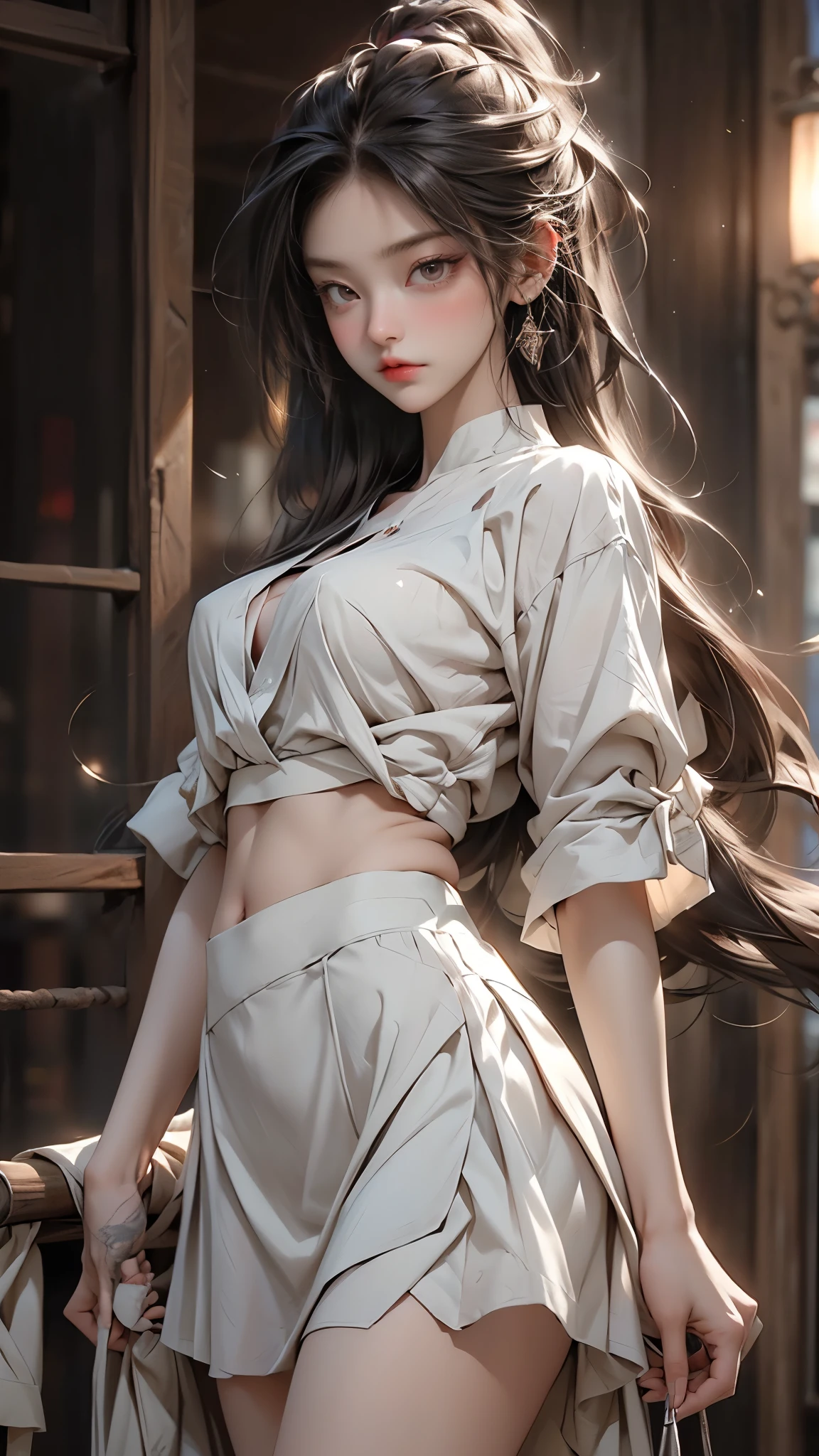realistic, 1 women, best quality, 12k, HD, long hair, big round breasts, cleavage, ponytail, necklace, jewelry, shorts, short jacket, slim hips, hair tie, yellow eyes, black hair, super detailed, Eye details, hair details, person details, mouth details, face details, breast details, clothes details, hair details, pants details, hand details, whole body