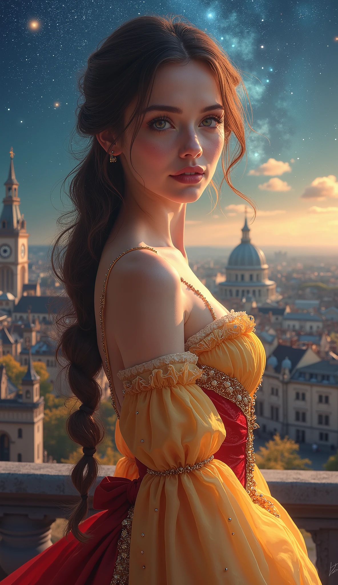 highdefinition images、night sky with a view of the Milky Way galaxy、oil、daughter of a famous medieval European family、top quality、shape、very detailed、finely、high resolution、8K wallpaper、ダイナミックなshape、 beautiful delicate eyes、natural lips、long eyelashes、濃い化粧、smile、take a picture of her in a red dress、 facial details 、Full body high definition image、full body high definition photo、camera、take a picture of her in a yellow dress{x}Take a picture of her back、in a dress、big view of medieval London、in background。