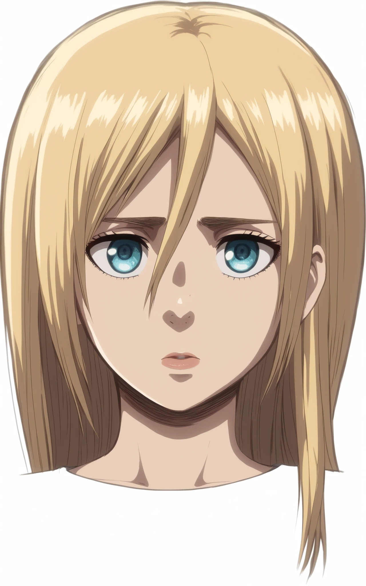 ((Historia Reiss)), blonde hair, ((blue eyes)), (4K eyes), (outermost edge of dark blue iris), eye glow, eyebrows, eyelashes, nose, detailed hair, (2D anime style), (((Attack on Titan anime style))), (high quality), ((detailed body)), ((design true to the original)), (high quality), ((very detailed)),