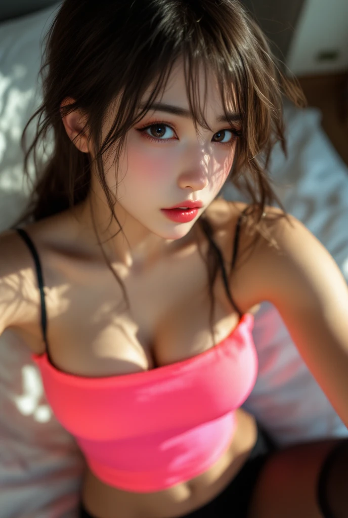(Best quality,8k,high resolution,masterpiece:1.2),Digital Artwork, A girl，Delicate face，Delicate eyes，Dark brown hair，Straight Hair，Shining amber eyes，Red lips，Tracksuit ，sleep，Close eyes，Slightly blush，in love，Lying in bed，(HD skin)，Cleavage，Shallow depth of field，Warm colors，Two-color light