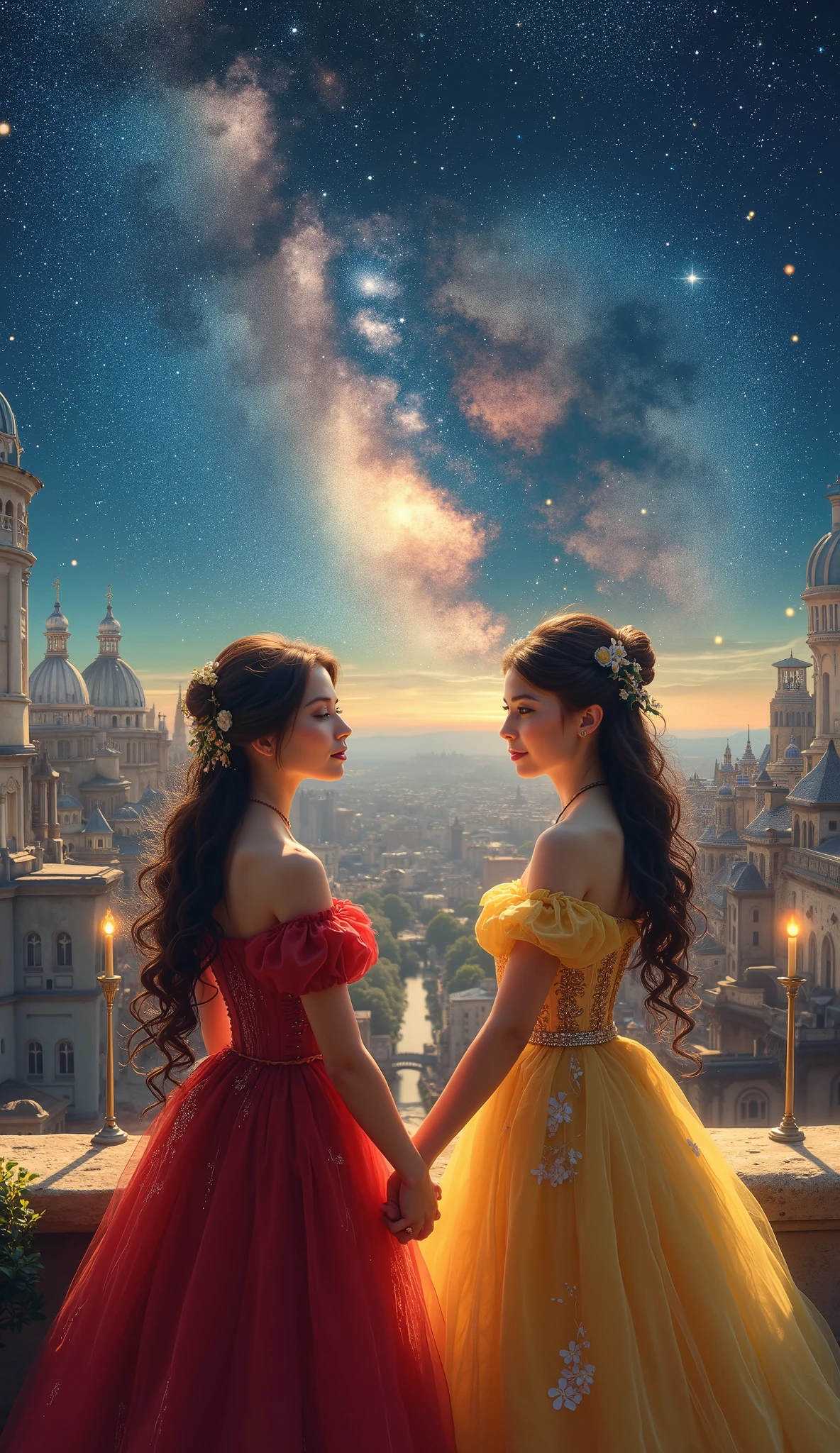 highdefinition images、night sky with a view of the Milky Way galaxy、oil、daughter of a famous medieval European family、top quality、shape、very detailed、finely、high resolution、8K wallpaper、ダイナミックなshape、 beautiful delicate eyes、natural lips、long eyelashes、濃い化粧、smile、take a picture of her in a red dress、 facial details 、Full body high definition image、full body high definition photo、camera、take a picture of her in a yellow dress{x}Take a picture of her back、in a dress、big view of medieval London、in background。
